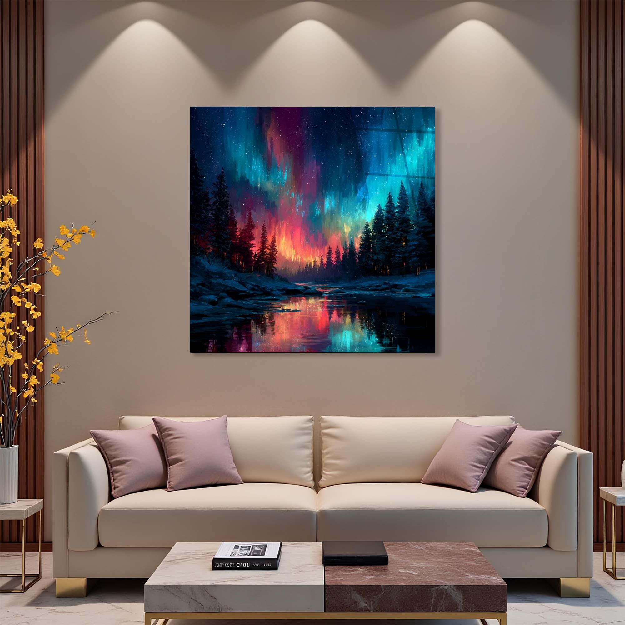 Aurora Borealis Tempered Glass Wall Art | Forest Landscape Decor