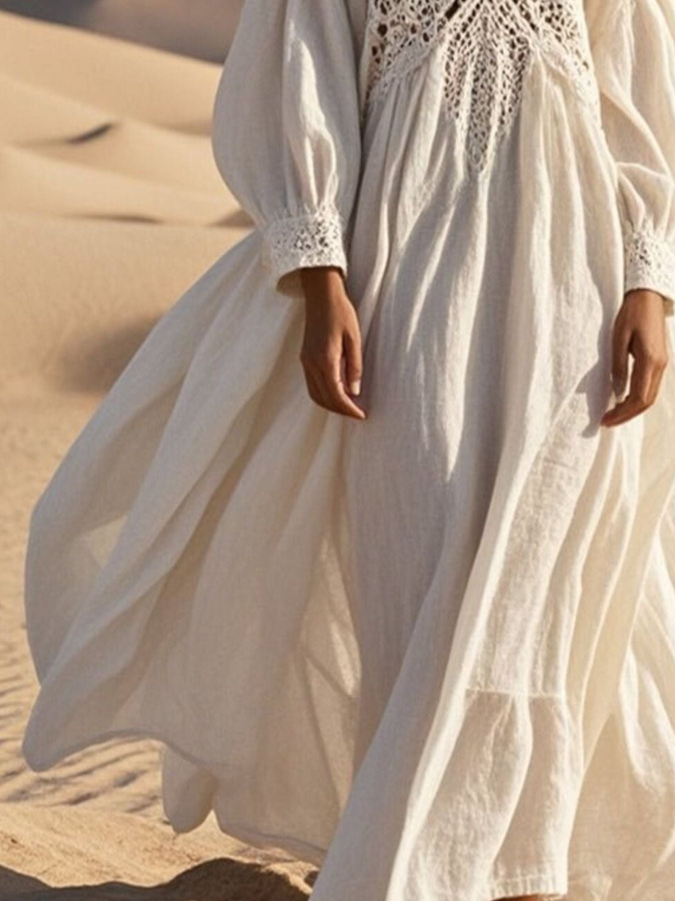 Crochet Trimmed V-Neck Midi Dress
