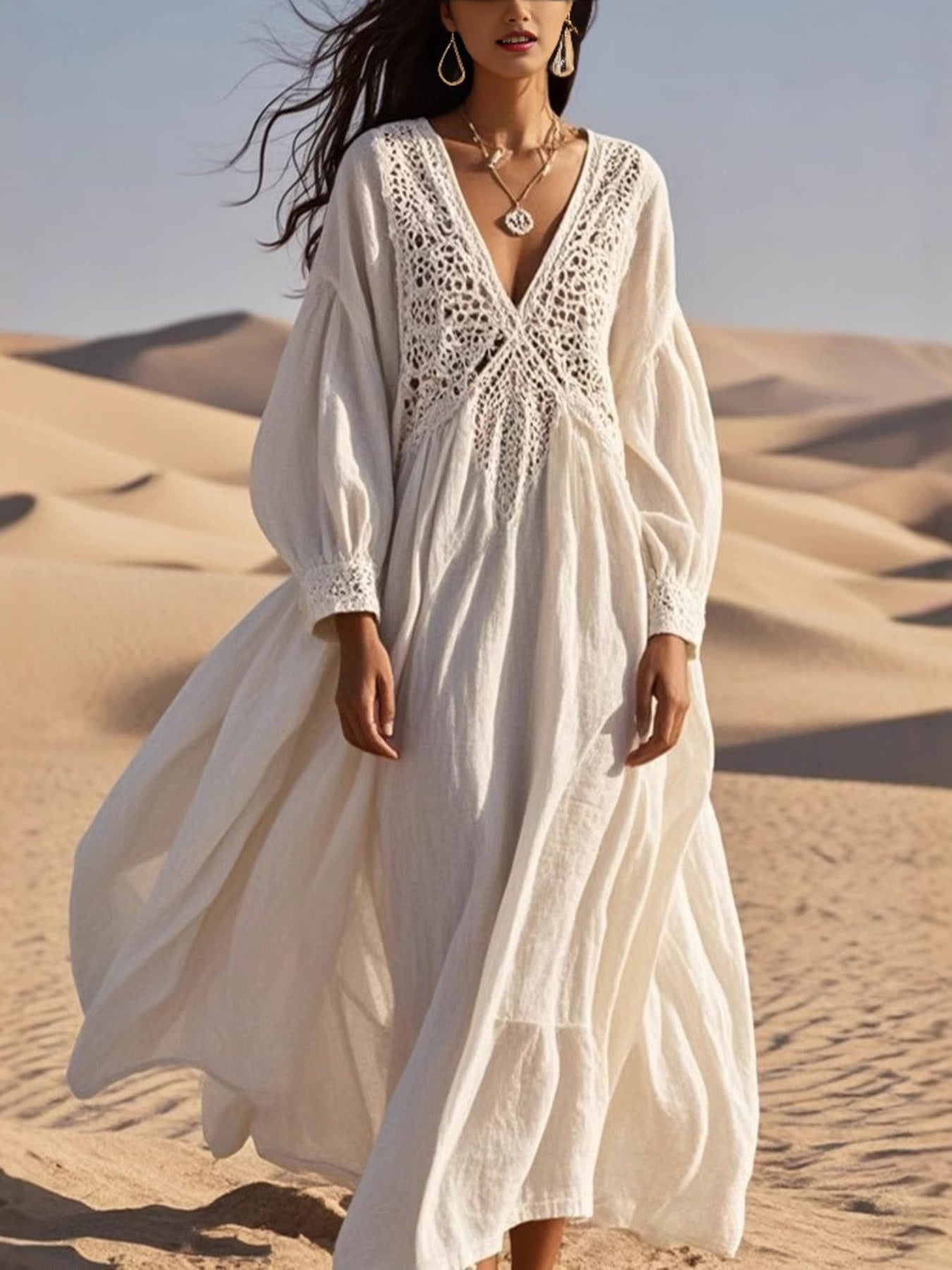 Crochet Trimmed V-Neck Midi Dress