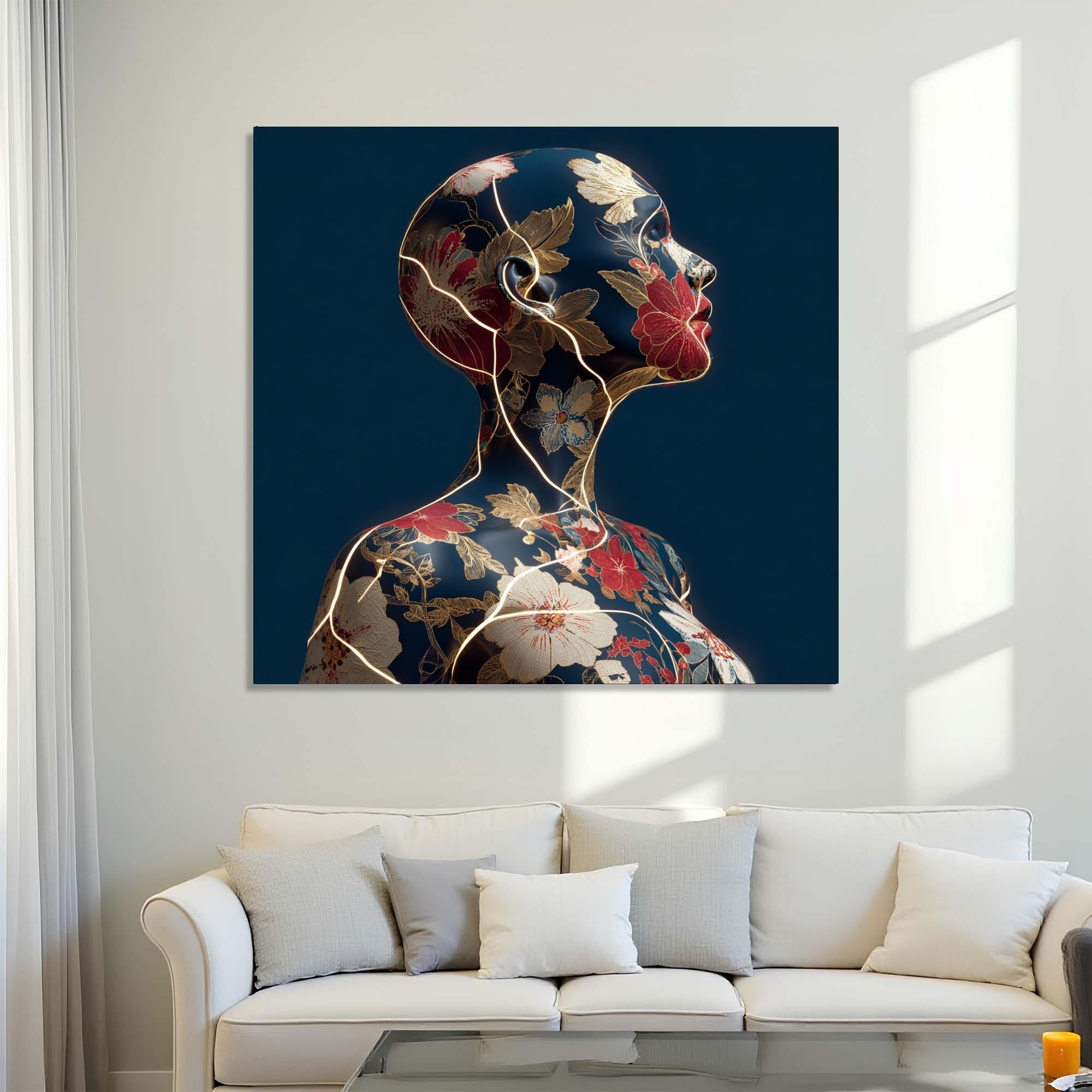 Floral Woman Tempered Glass Wall Art | Golden Crack Accent