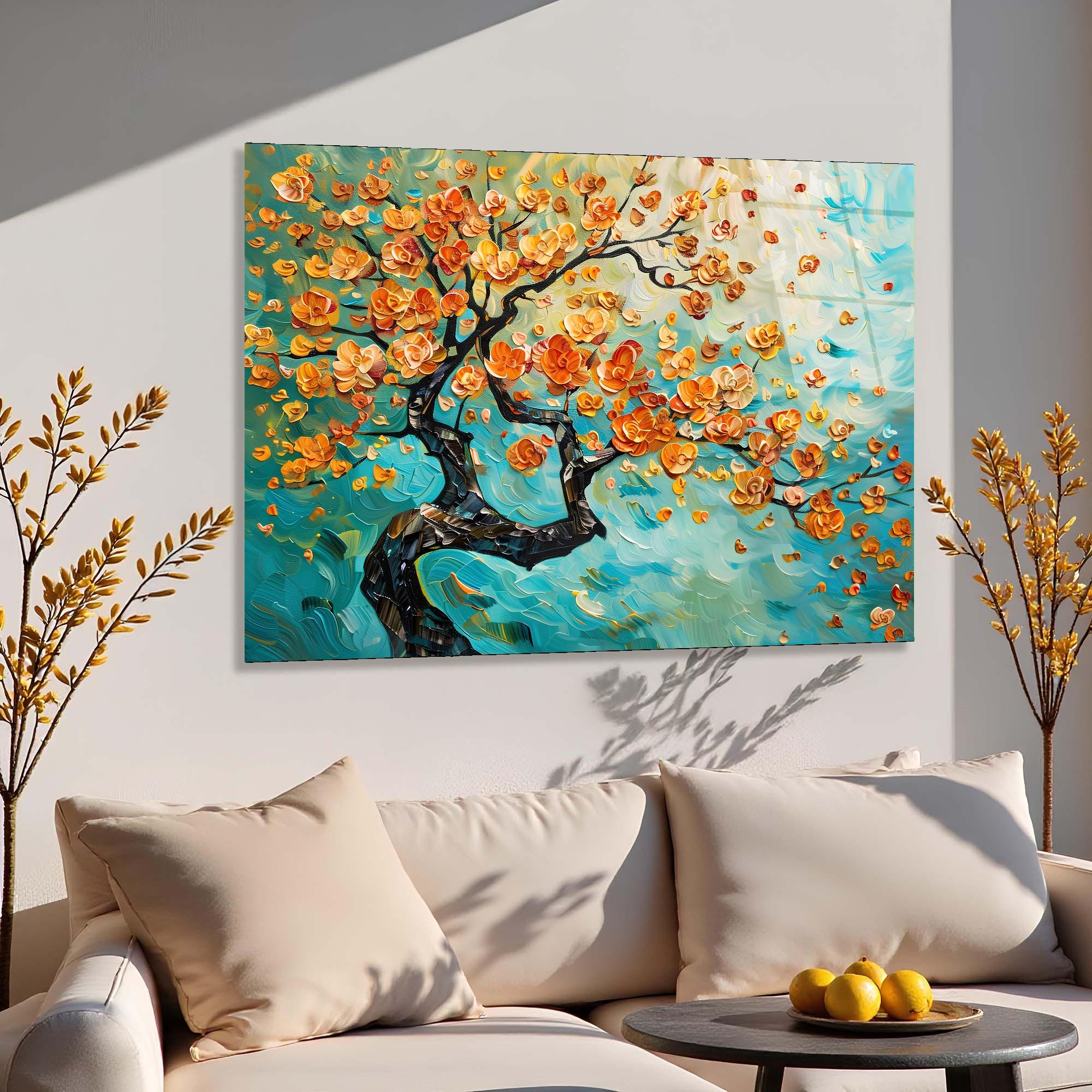 Golden Blossom Tree Glass Wall Art | Modern Nature Decor