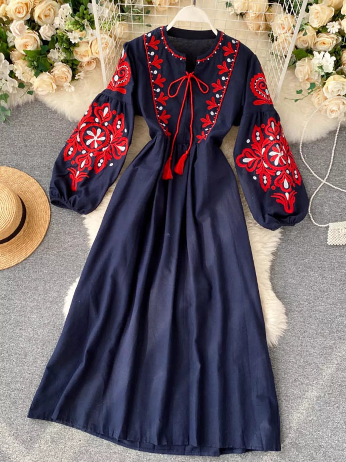 Embroidered Tie Neck Long Sleeve Dress