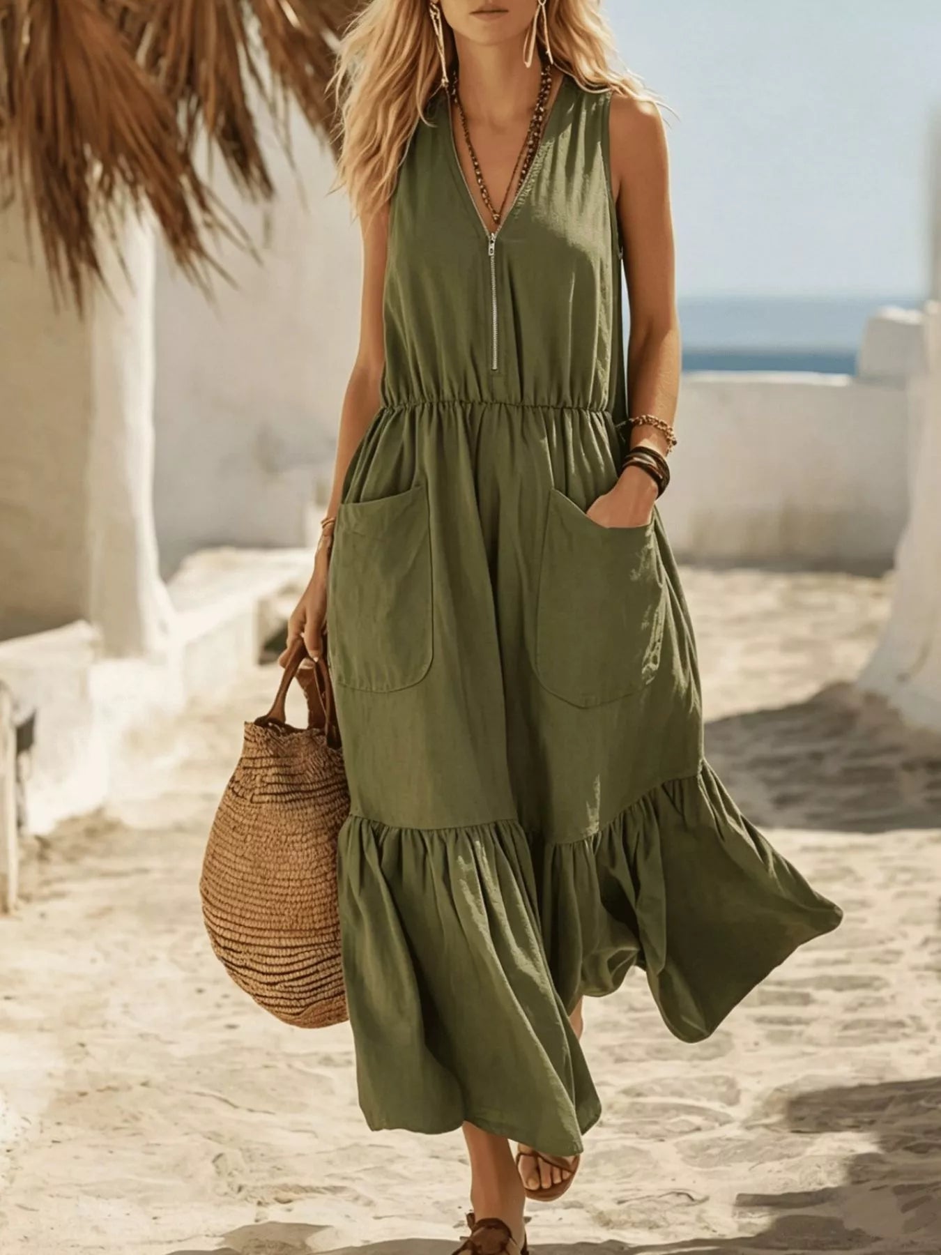 Full Size Sleeveless Zipper Front Pocket Ruffle Hem Maxi Dress Plus Size