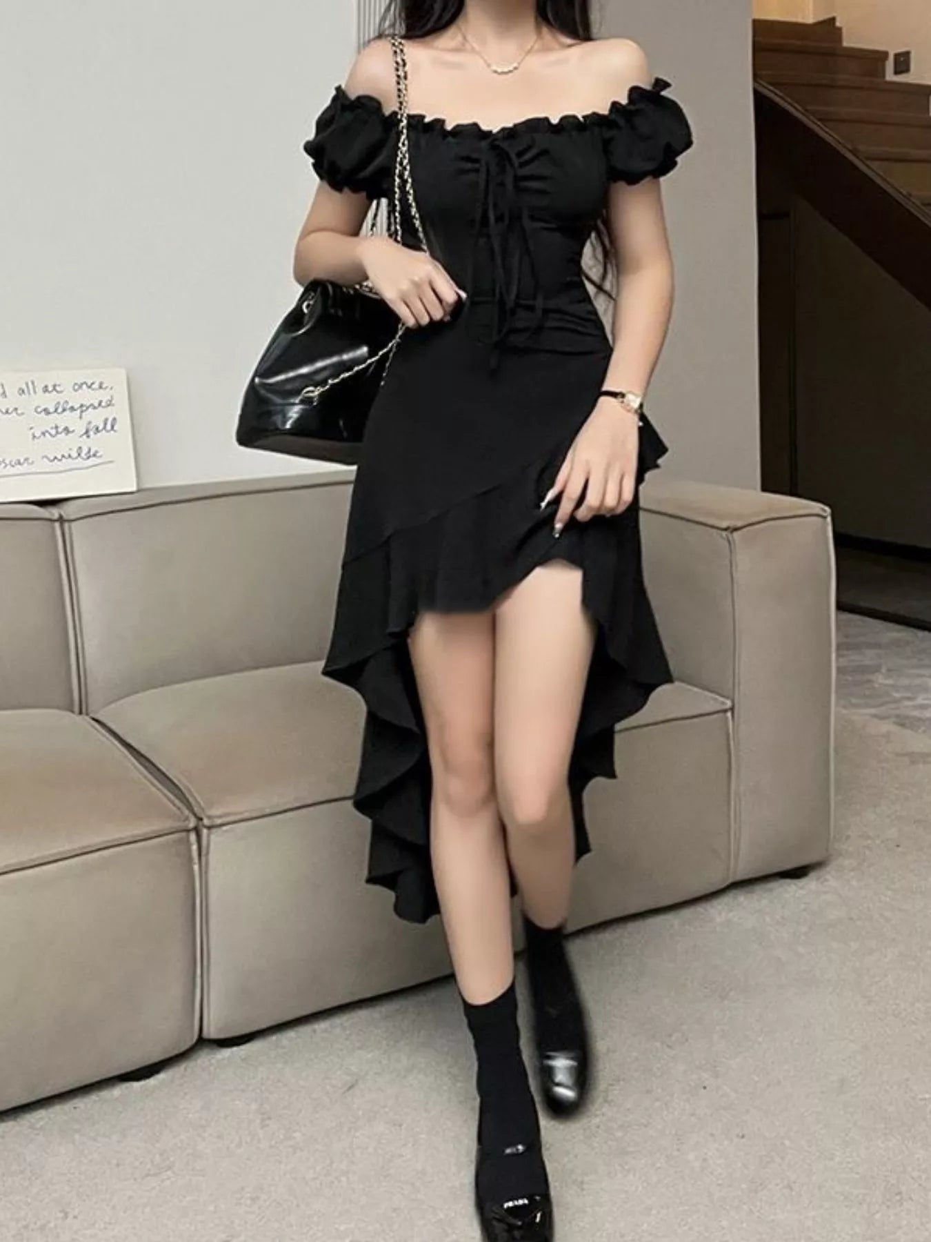 Off-Shoulder Ruffle Hem High-Low Dress