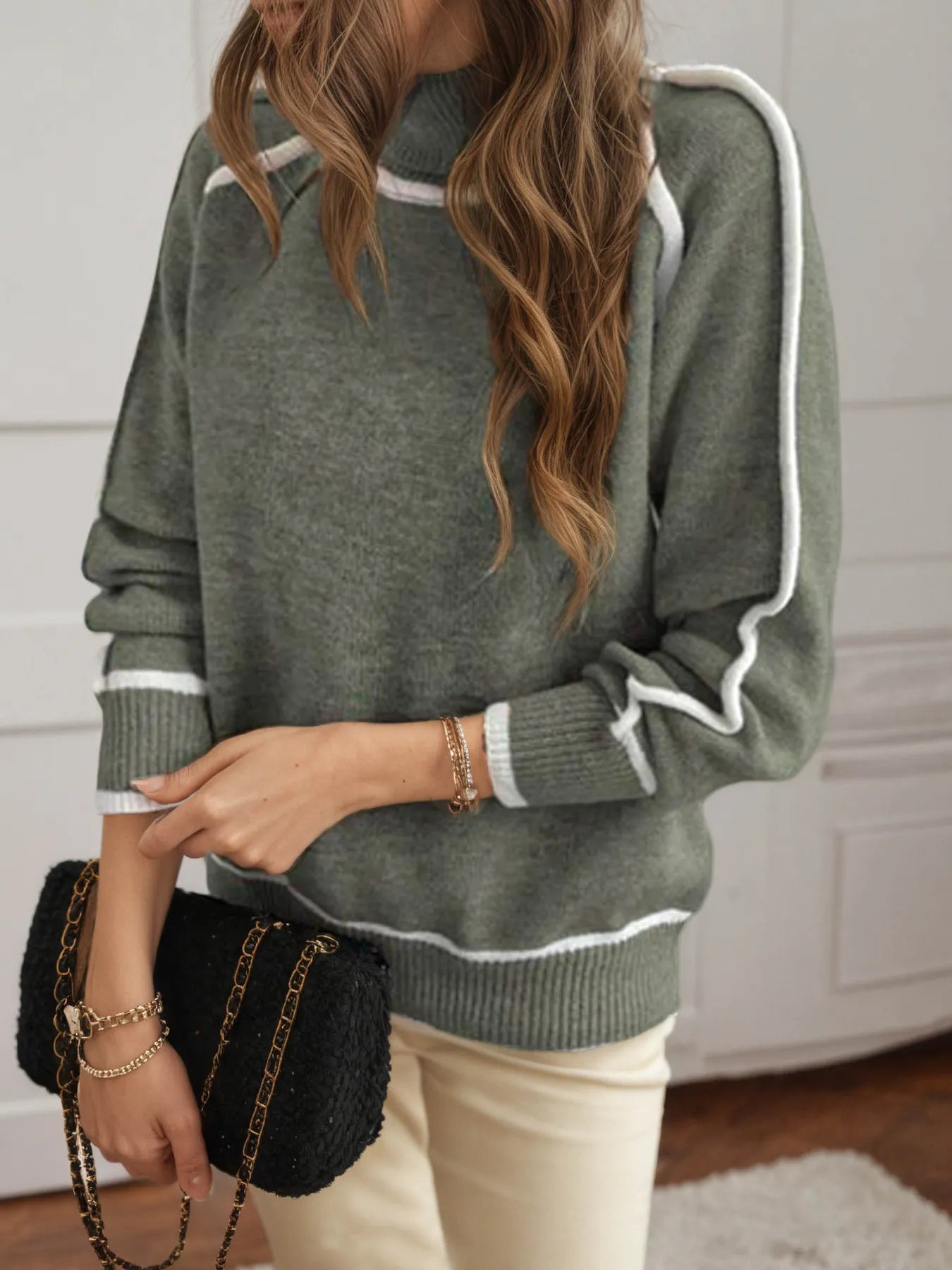 Turtleneck Contrast Trim Sweater with Ribbed Details