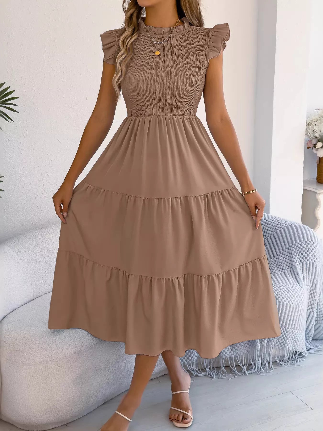 Smocked Ruffled Cap Sleeve Dress