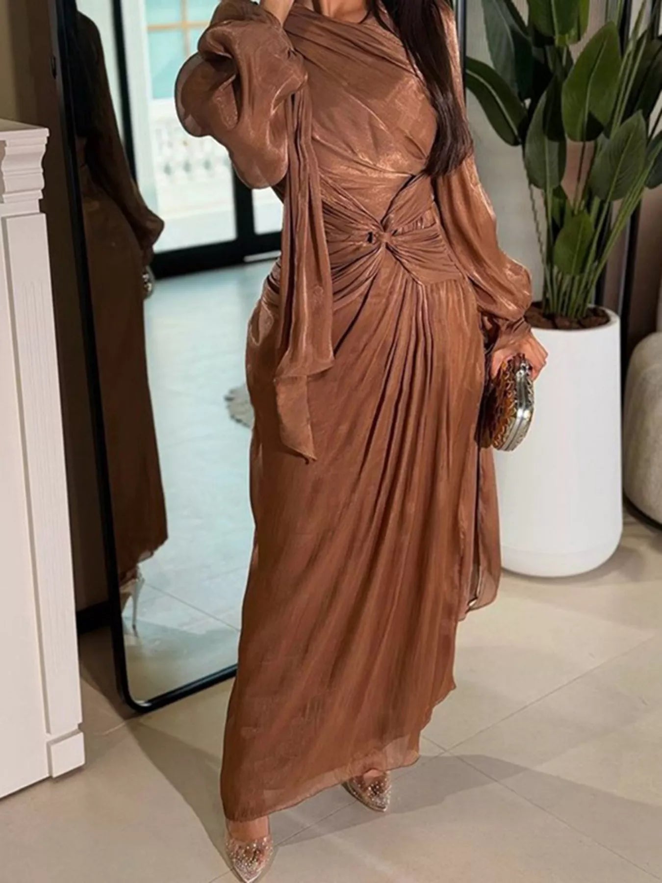 Front Twisted Draped Long Sleeve Maxi Dress