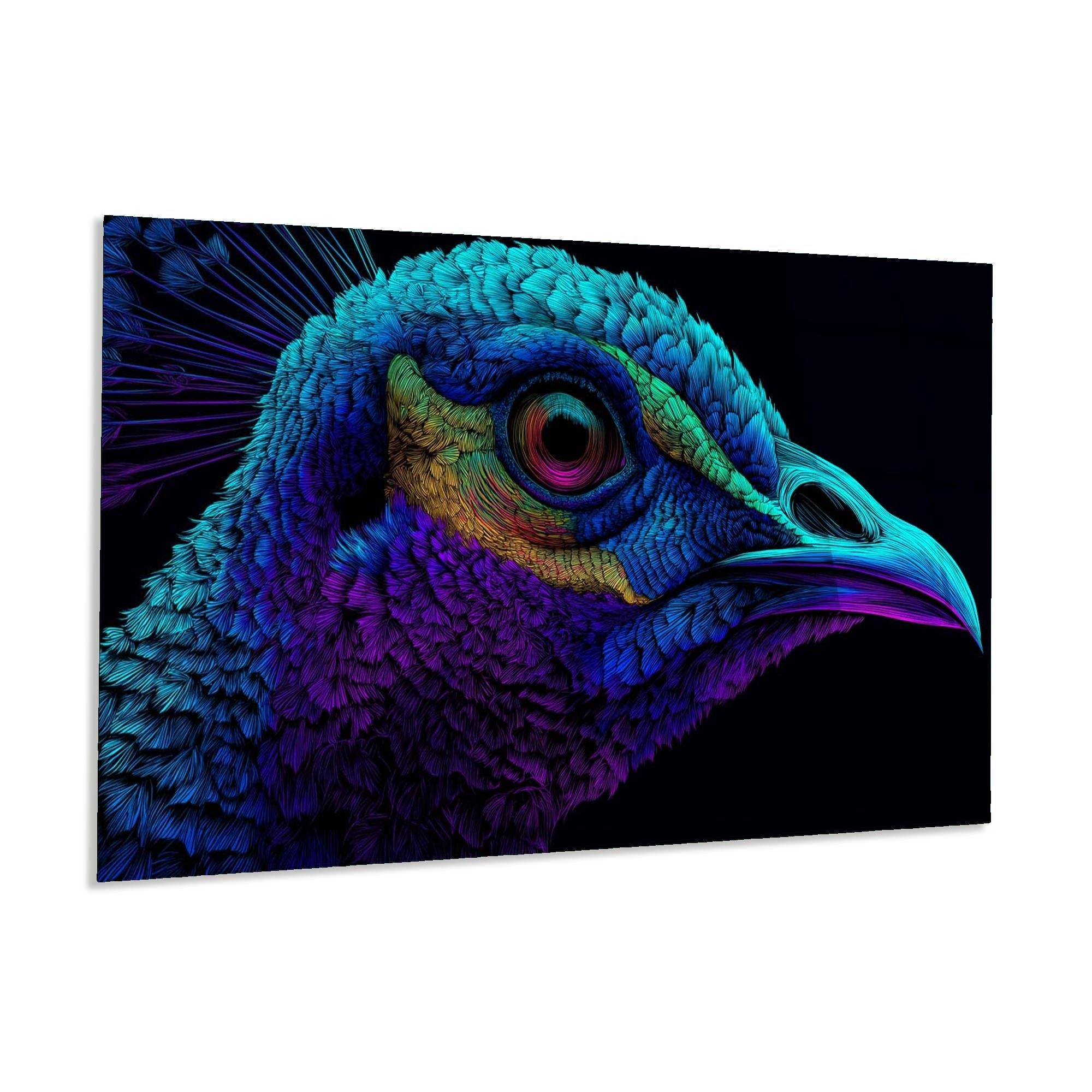Neon Peacock Portrait Tempered Glass Wall Art | Custom Large Glass Wall Decor for Living Room