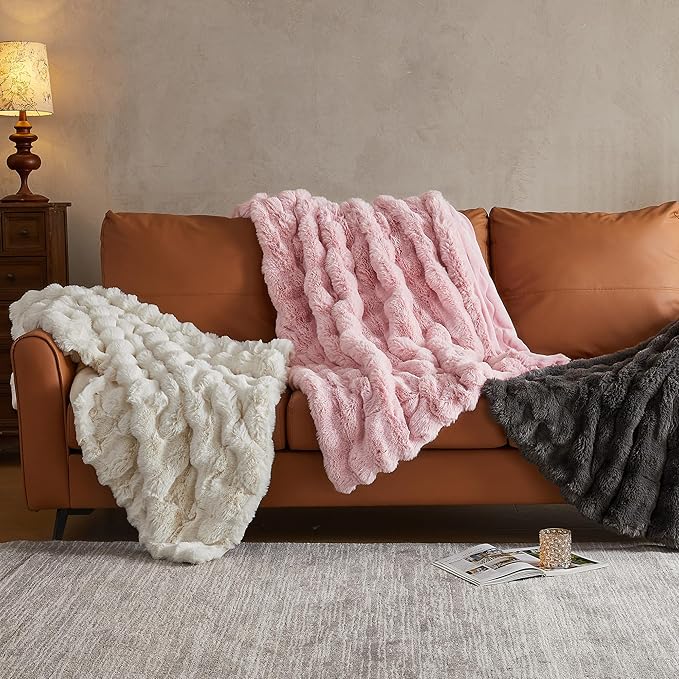 JELLYMONI Faux Fur Throw Blanket, White Fuzzy Cozy Plush Bubble Bed Blanket, Thick and Warm, Queen (90" x 90")