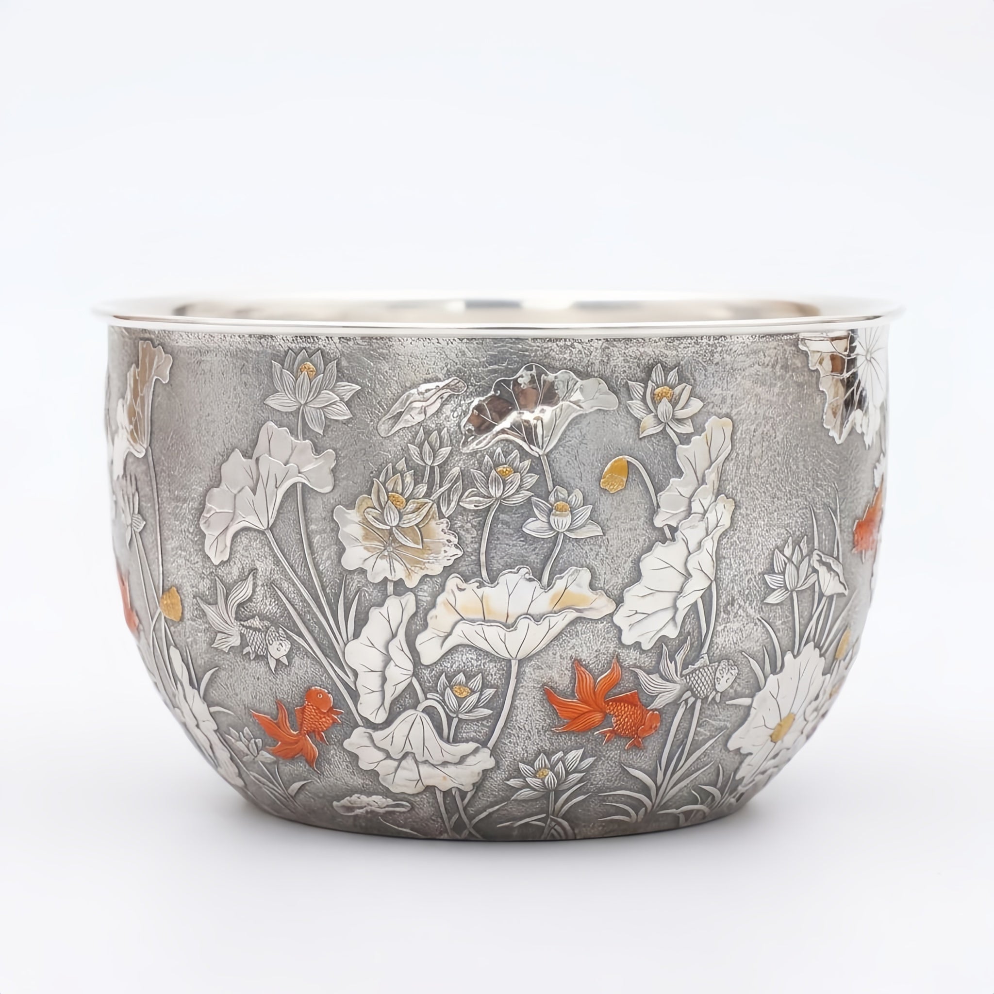 925 Sterling Silver Artisanal Silver Bowl Featuring Ornate Lotus Garden and Swimming Red Fish - Handicraft