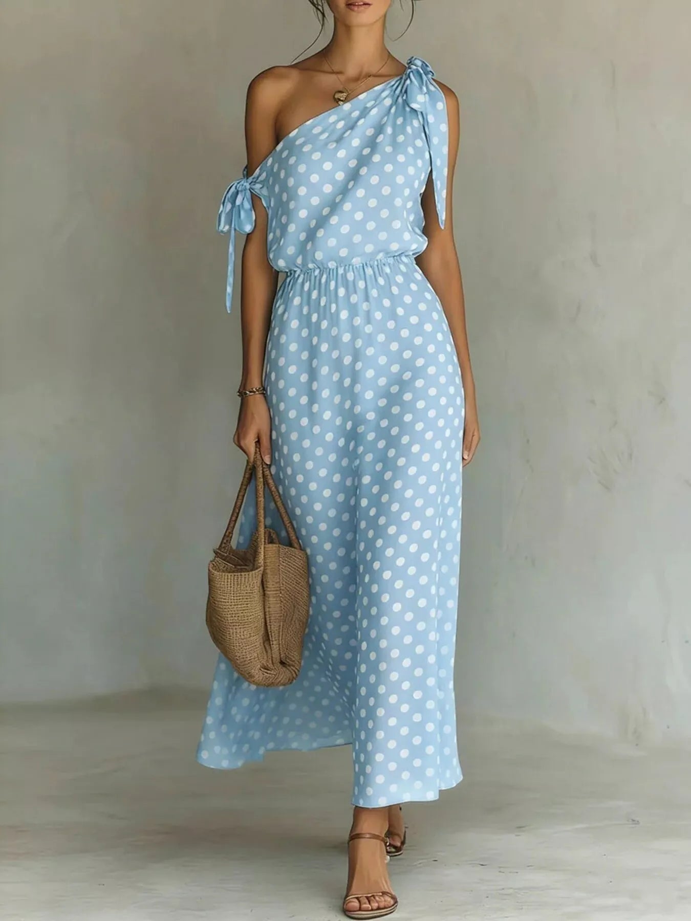 Full Size Polka Dot One-Shoulder Maxi Dress Plus Size