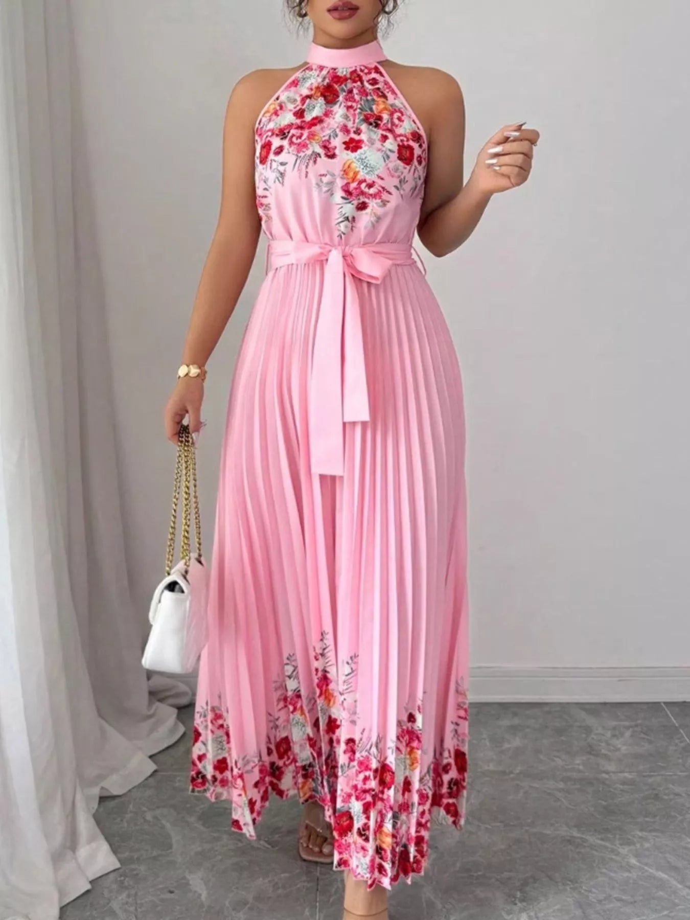 Halter Neck Floral Print Pleated Maxi Dress