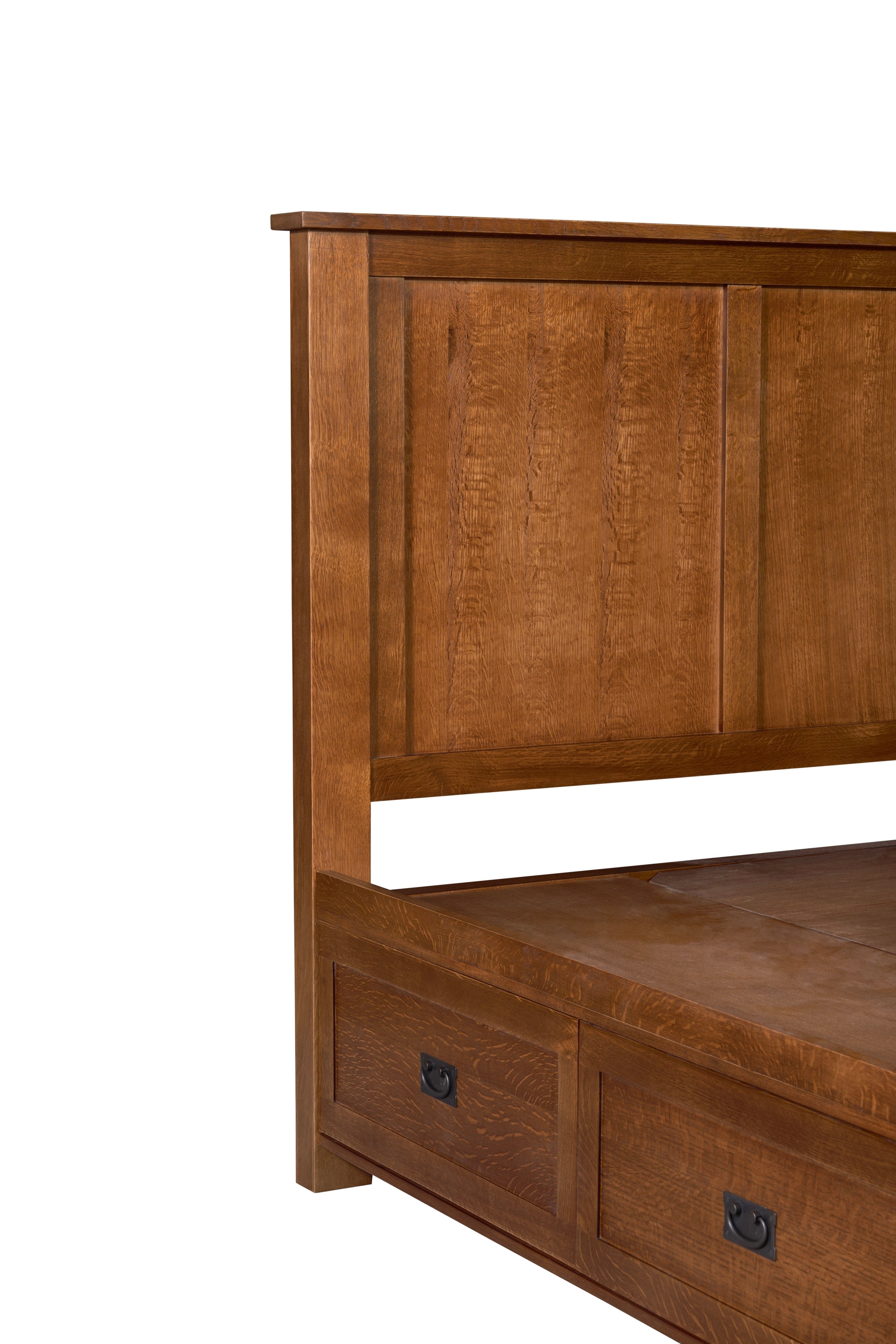 Mission Oak Storage Panel Bed with Three Drawers: MC stain
