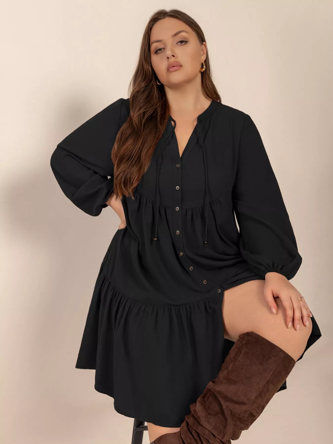 Plus Size Button Front Balloon Sleeve Dress