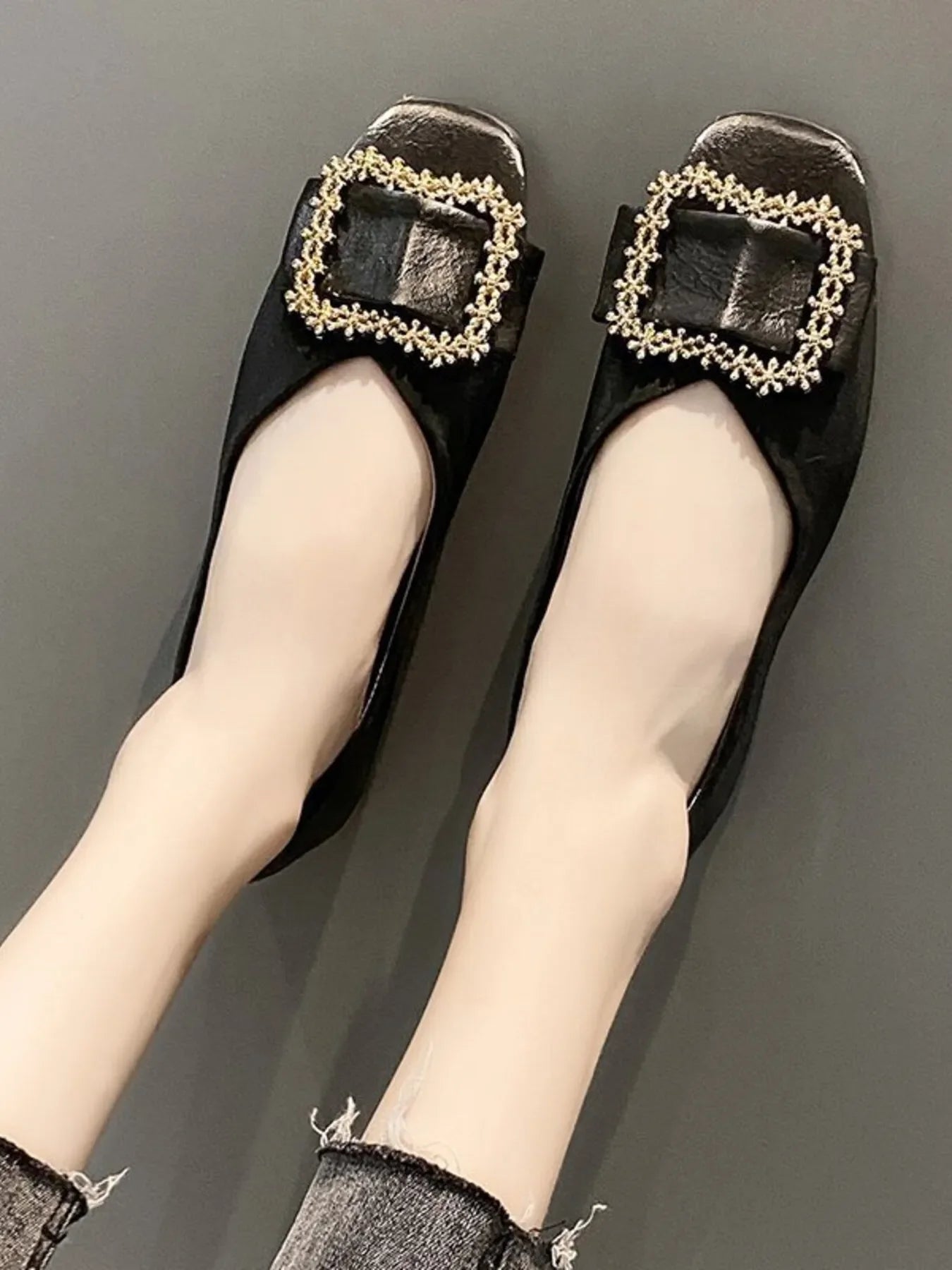 Square Toe Buckle Detail Loafers