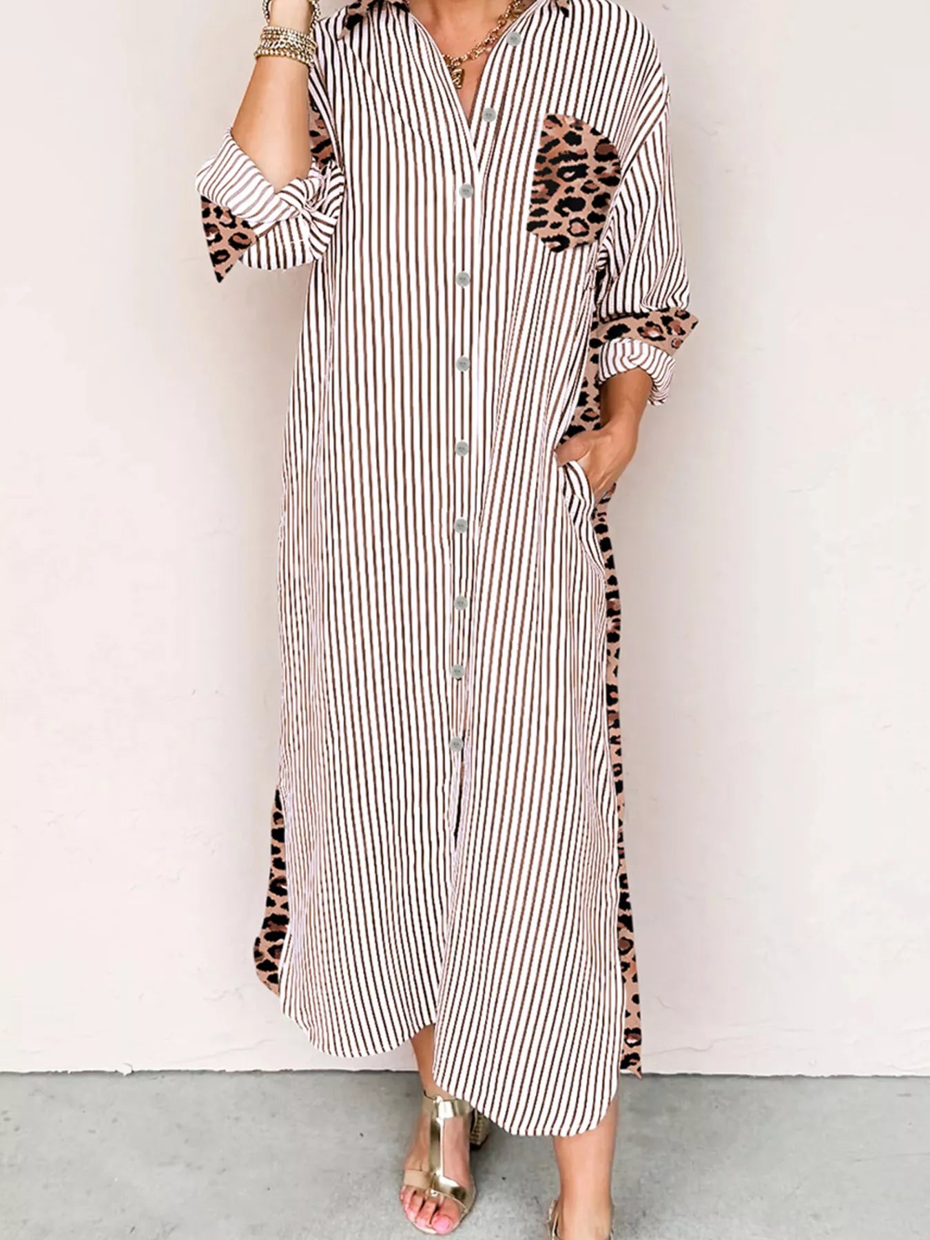 Striped Leopard Print Button Up Shirt Dress