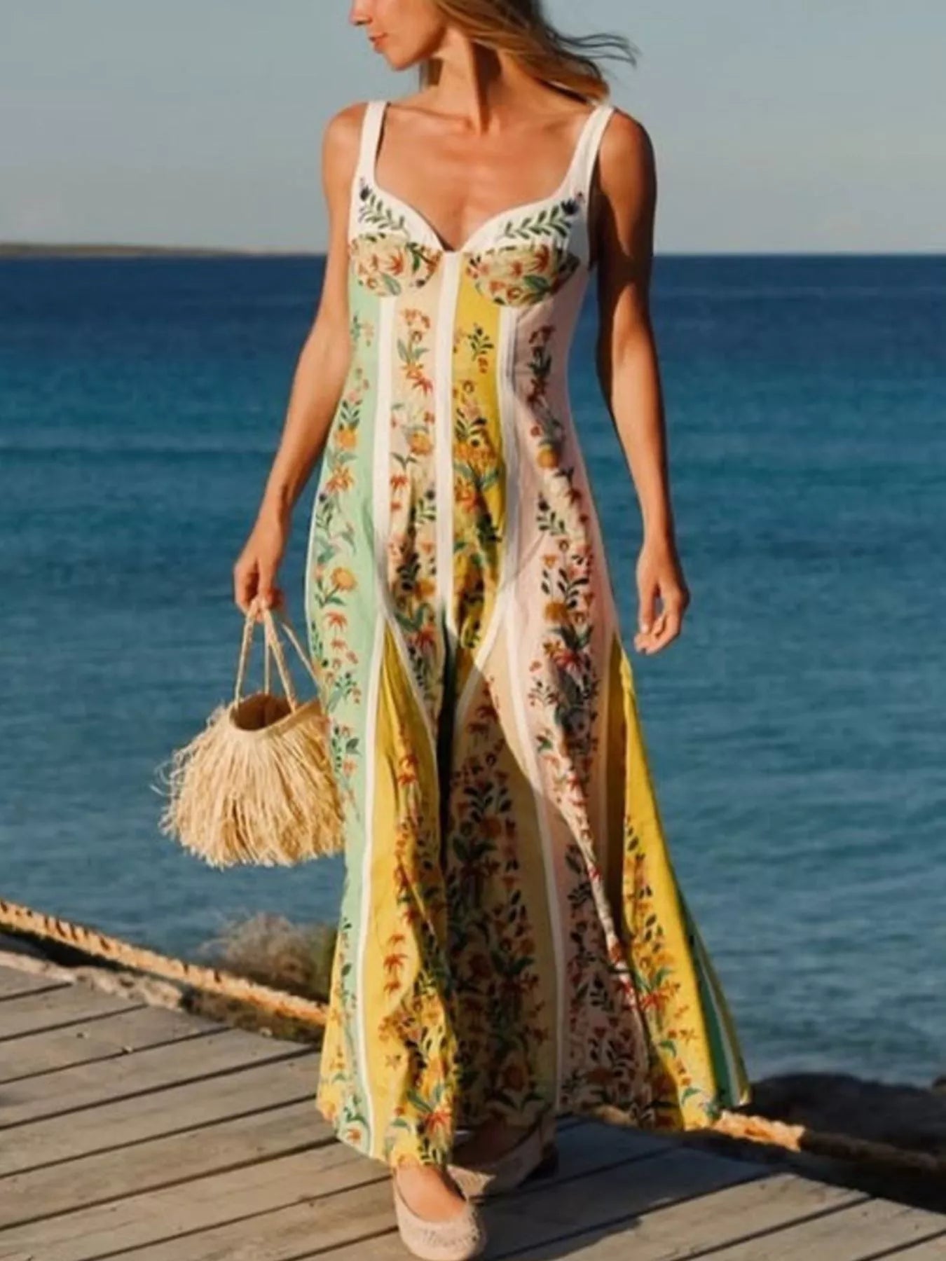 Floral Print Sweetheart Neck Maxi Dress