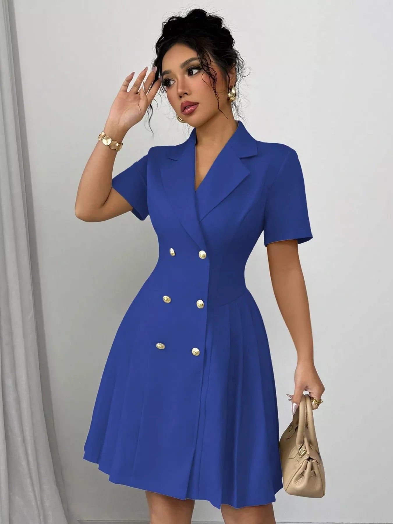 Double-Breasted Pleated Blazer Dress