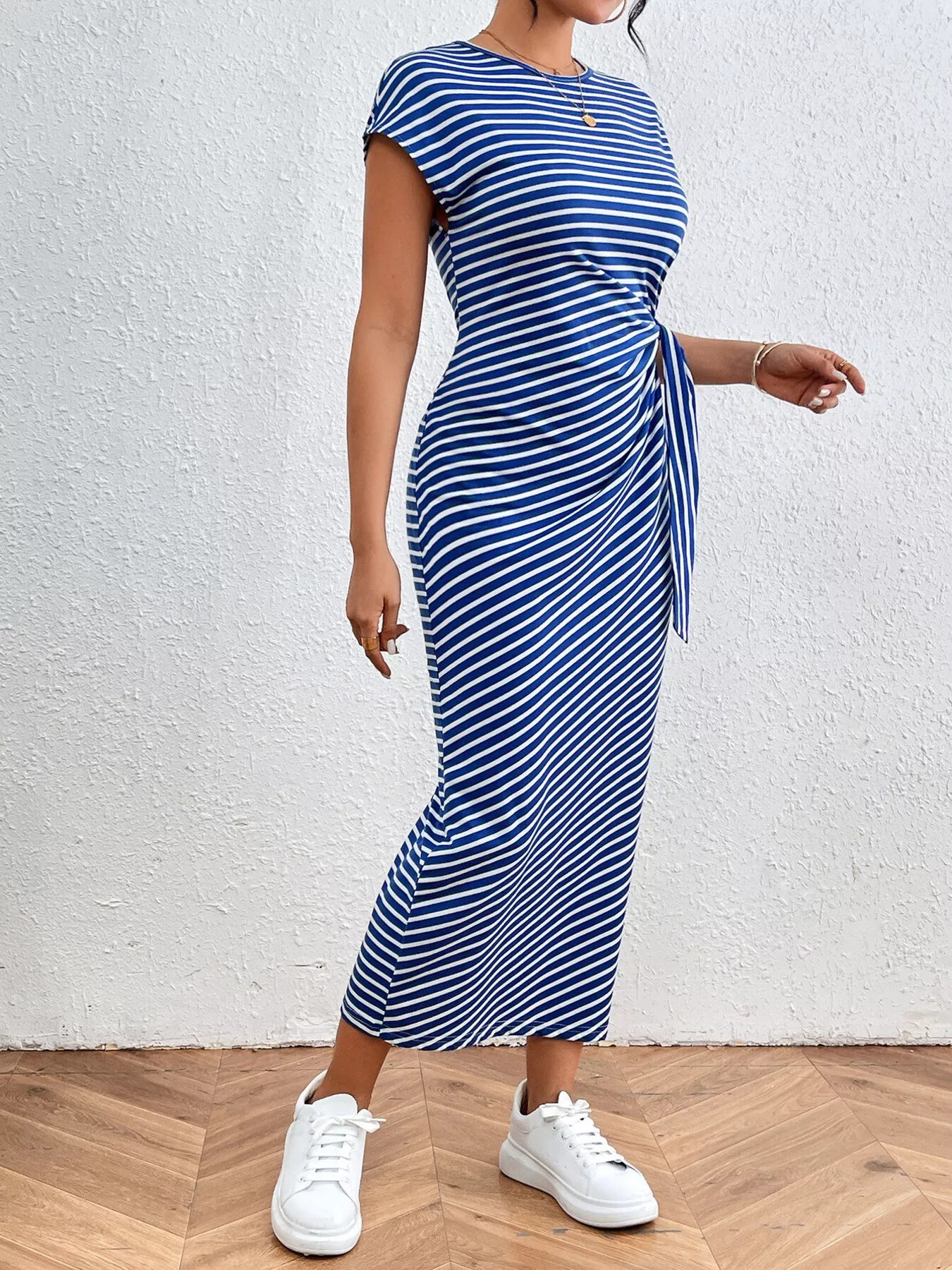 Striped Tie Side Casual Midi Dress