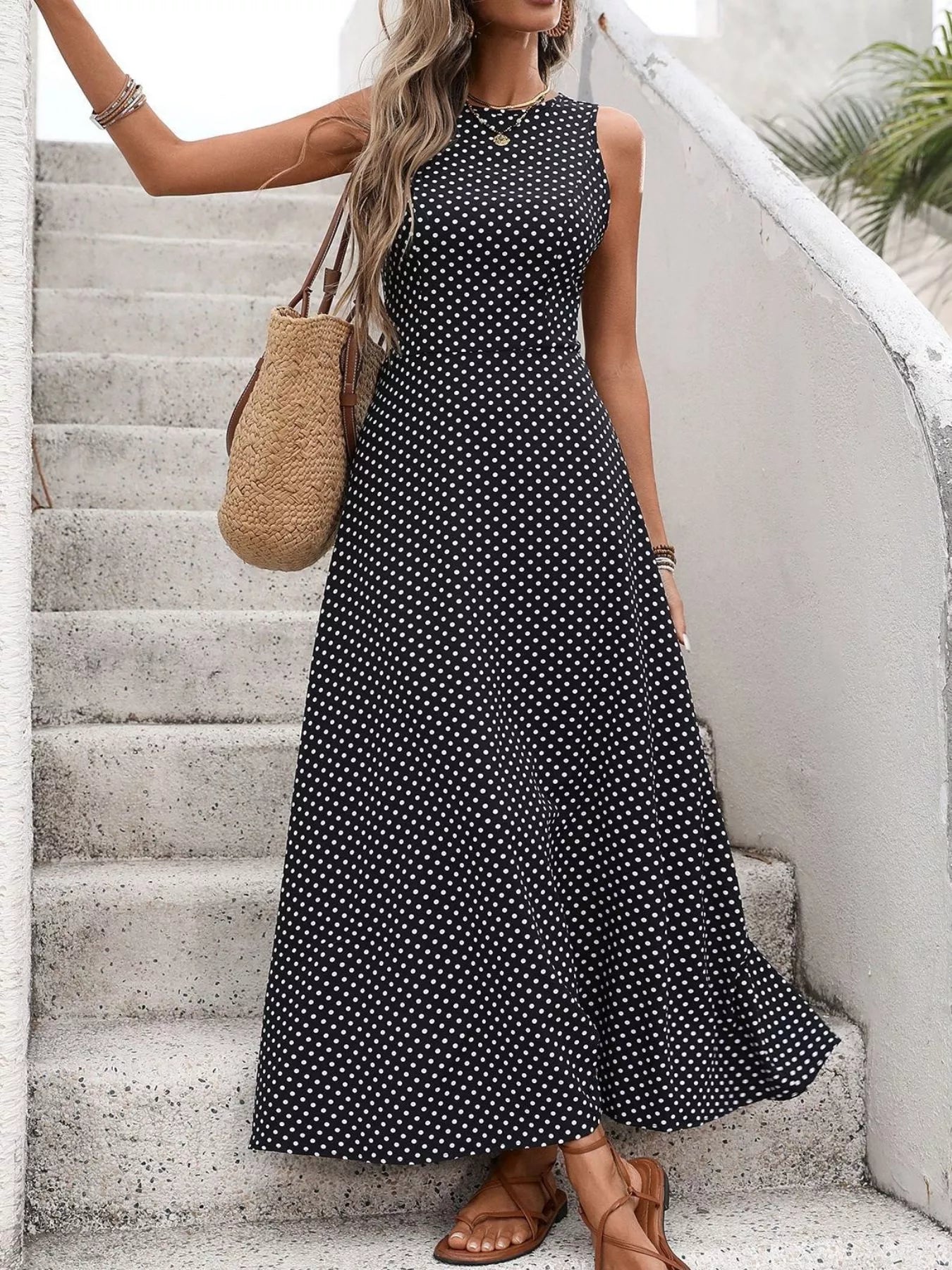 Sleeveless Polka Dot Maxi Dress