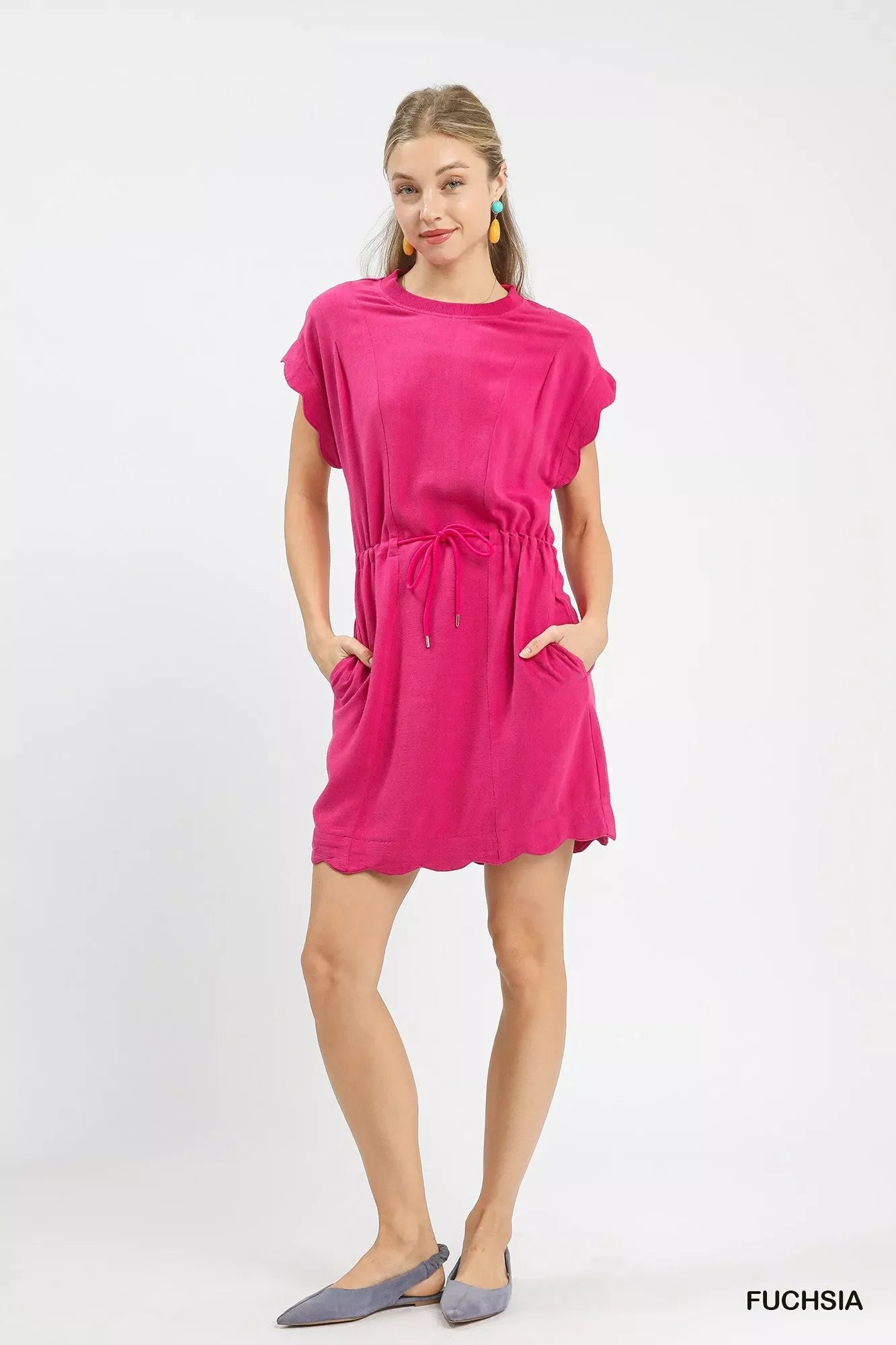 Umgee Linen Blend Scallop Hem Mini Dress