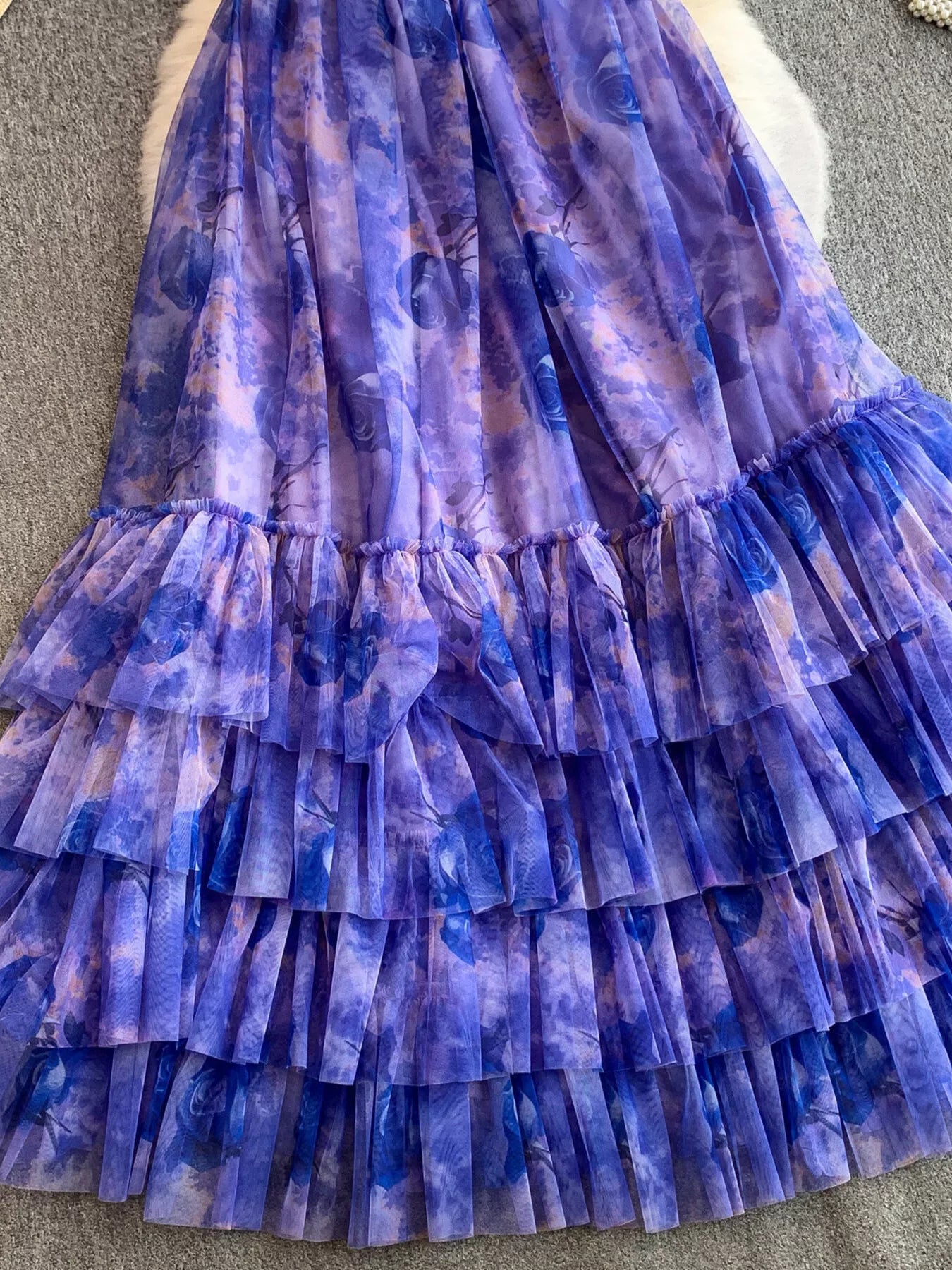 Floral Print Ruffled Layered Mesh Dress