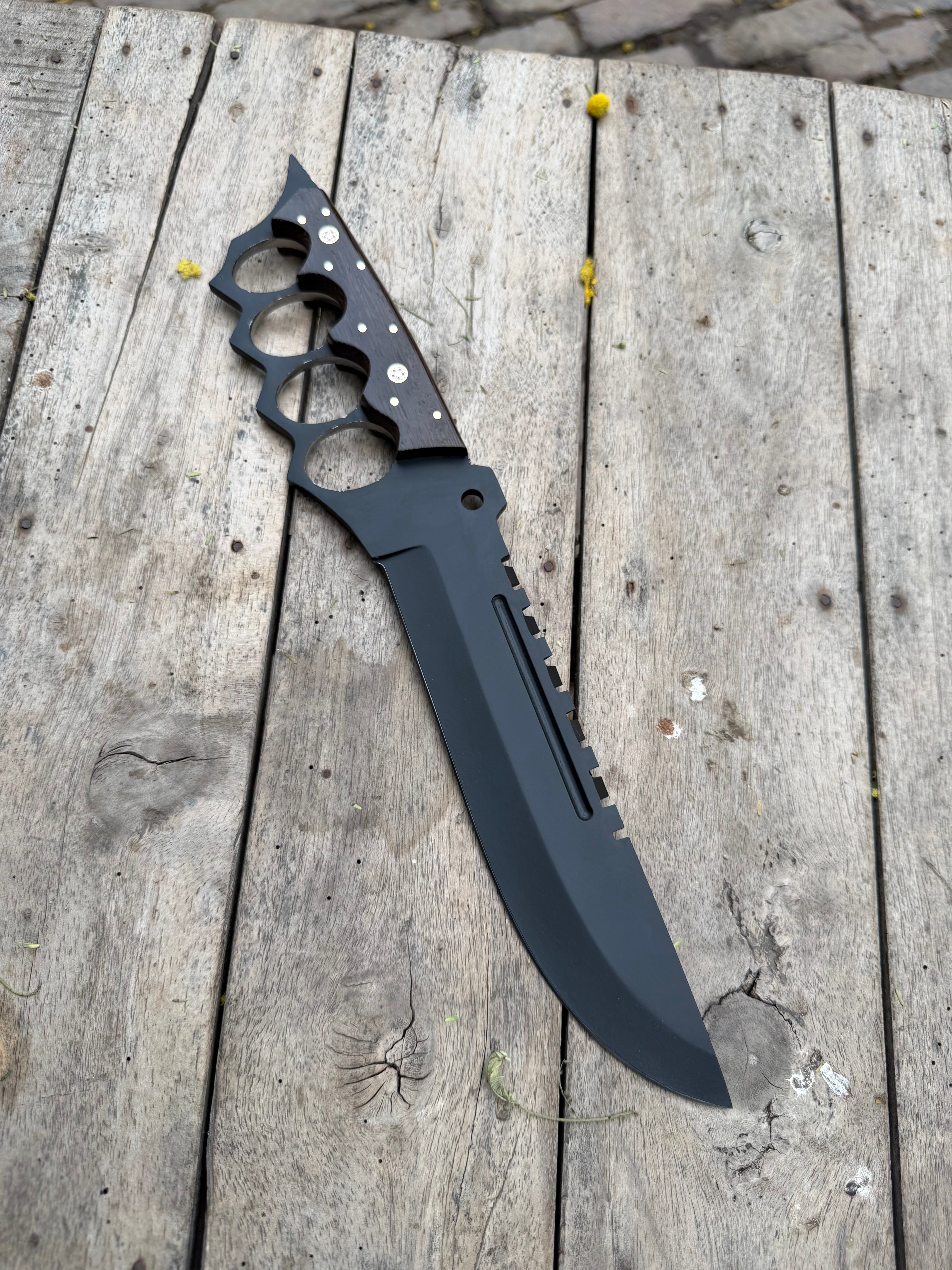 Knuckle Handle Tactical Knife Acid Etched Drop Point Fixed Blade
