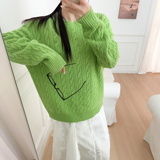 Ralph Autumn Slim Fit Cable Knit Round Neck Sweater Wool Long Sleeve Pullover with Embroidery for Women