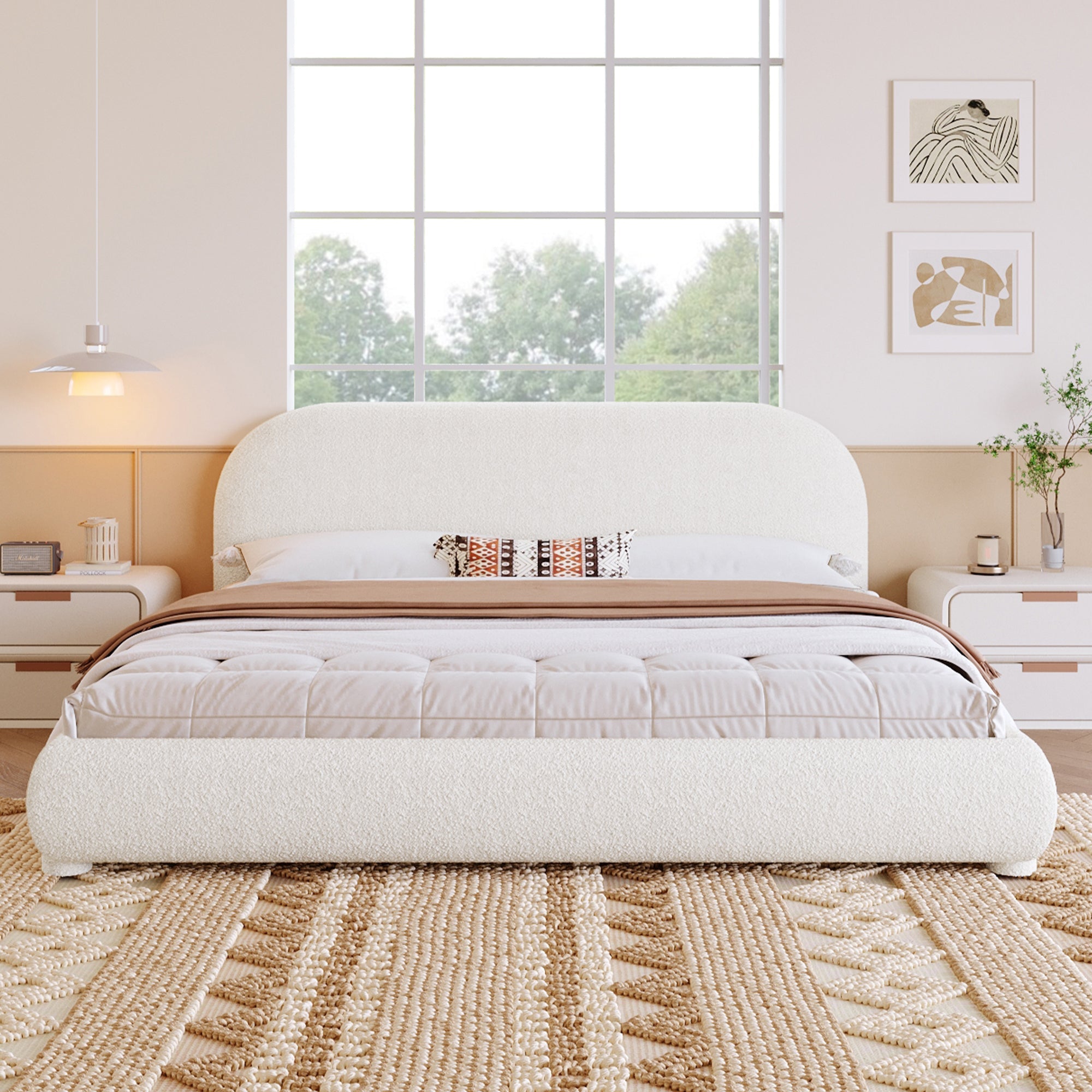 Cream Style Fabric Upholstered King Bed