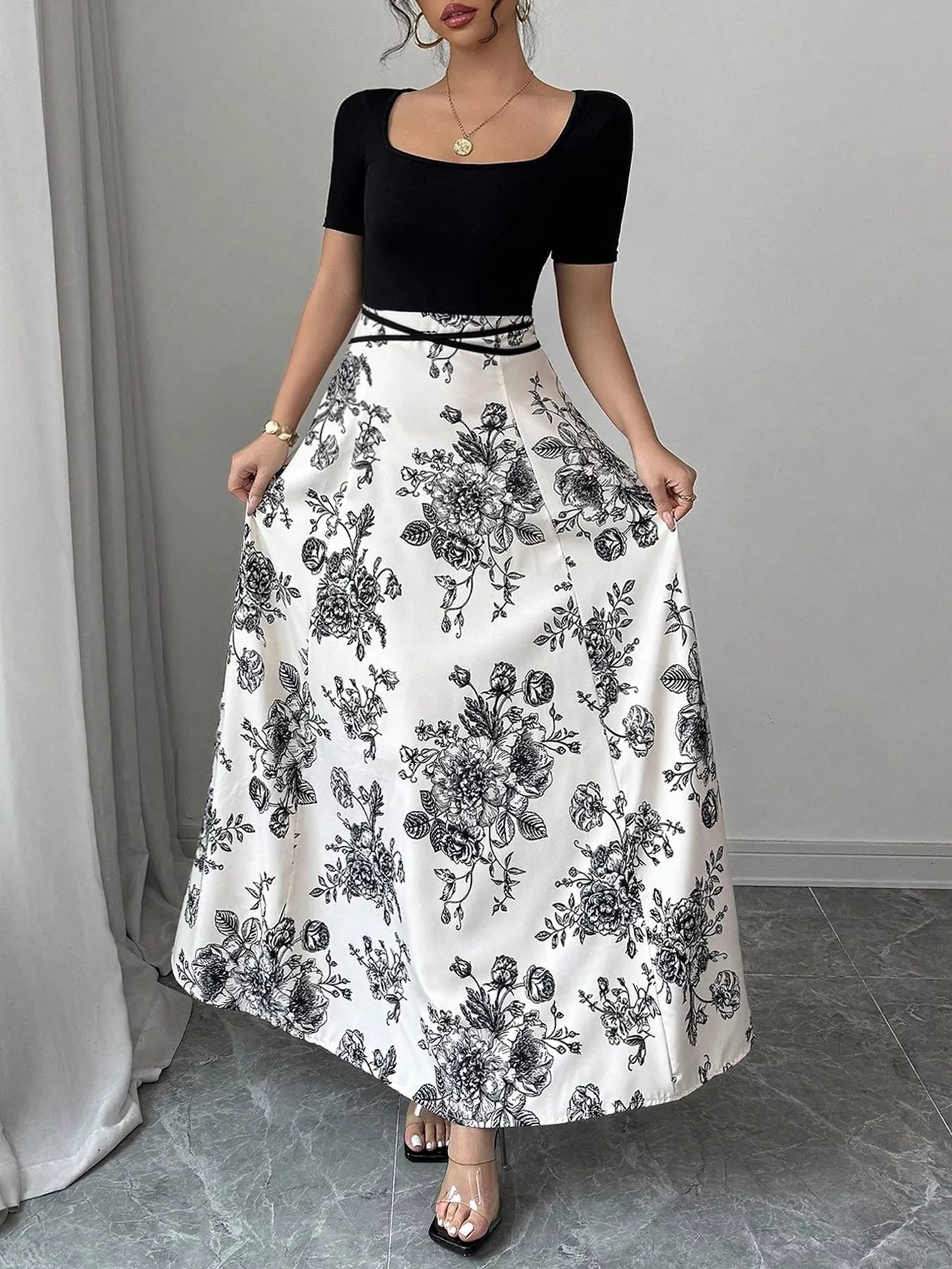 Floral Print Square Neck Maxi Dress