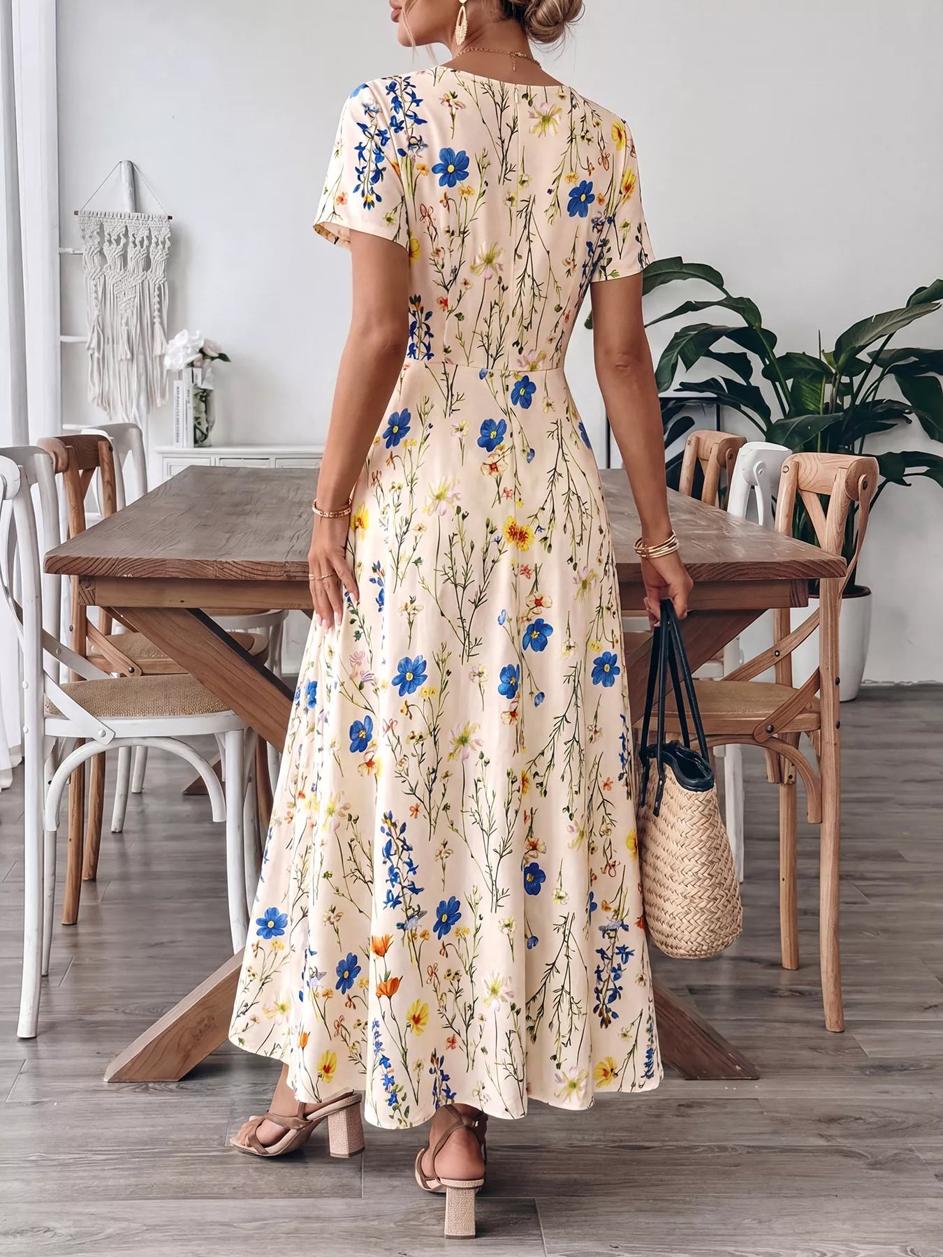 Floral Print Square Neck Casual Maxi Dress