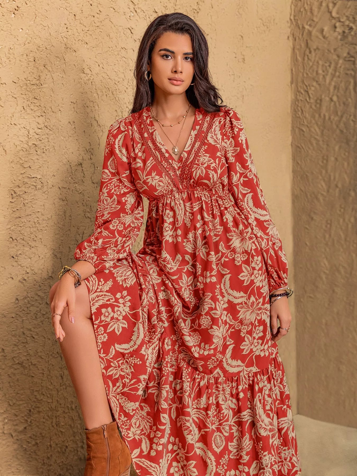 Boho Floral Print Long Sleeve Midi Dress