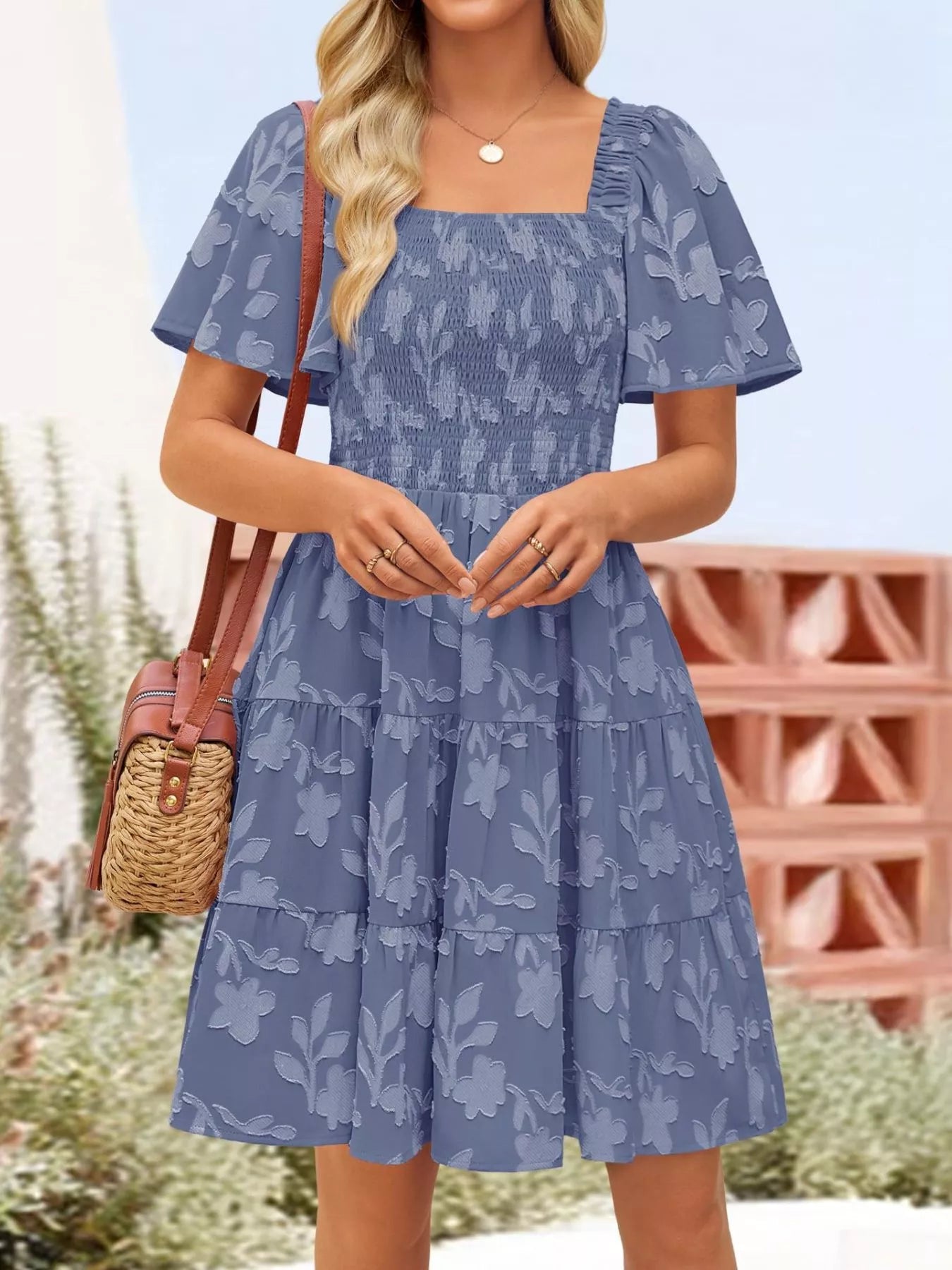Smocked Square Neck Tiered Mini Dress