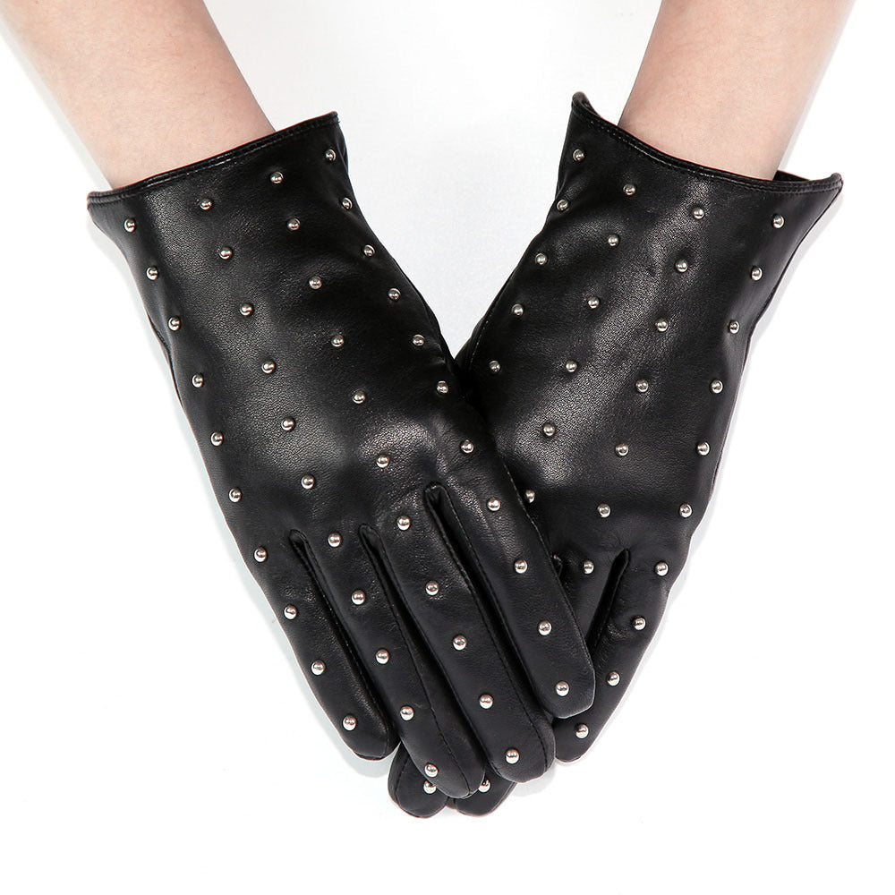 Rivets Genuine Leather Sheepskin women's gloves Thin warm women's winter gloves driving motorcycle women's leather
