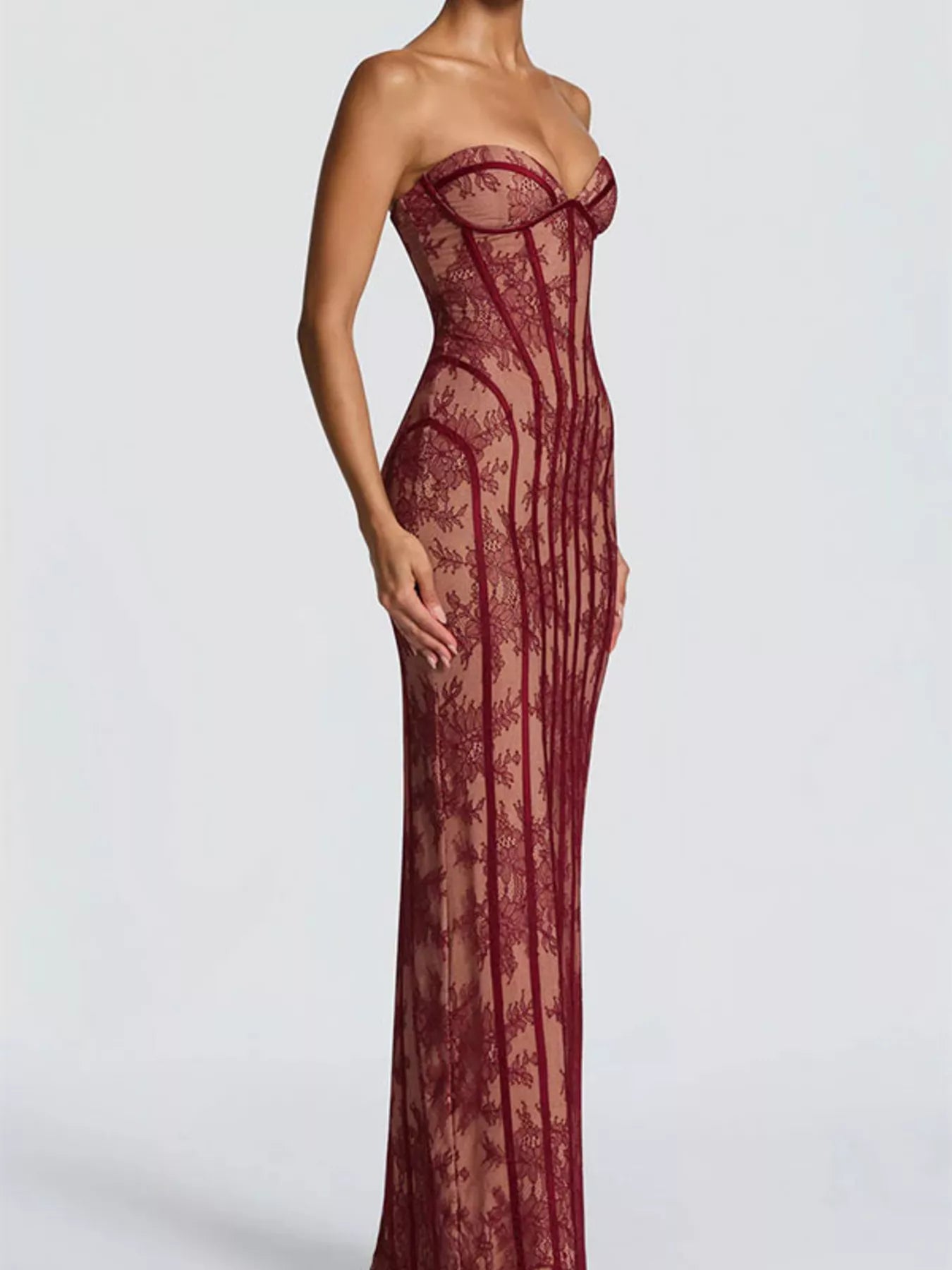 Lace Up Back Strapless Maxi Dress