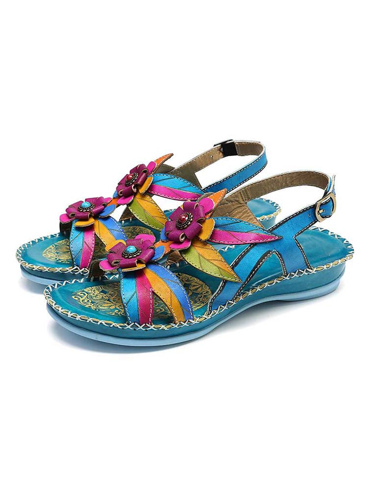 Vintage Embossing Flowers Leather Stitching Sandals
