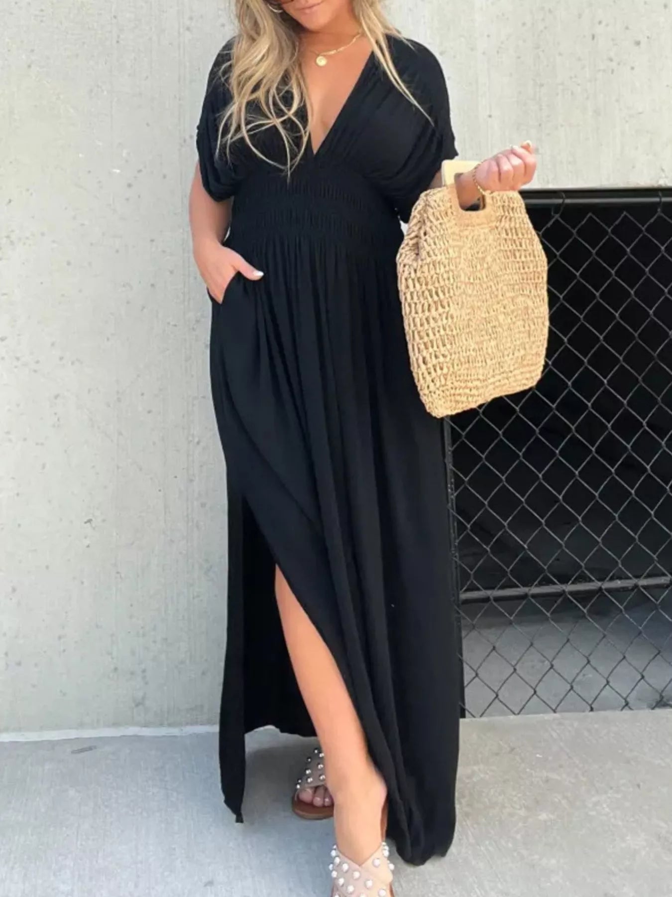 Full Size Slit V-Neck Smocked Waist Maxi Dress Plus Size