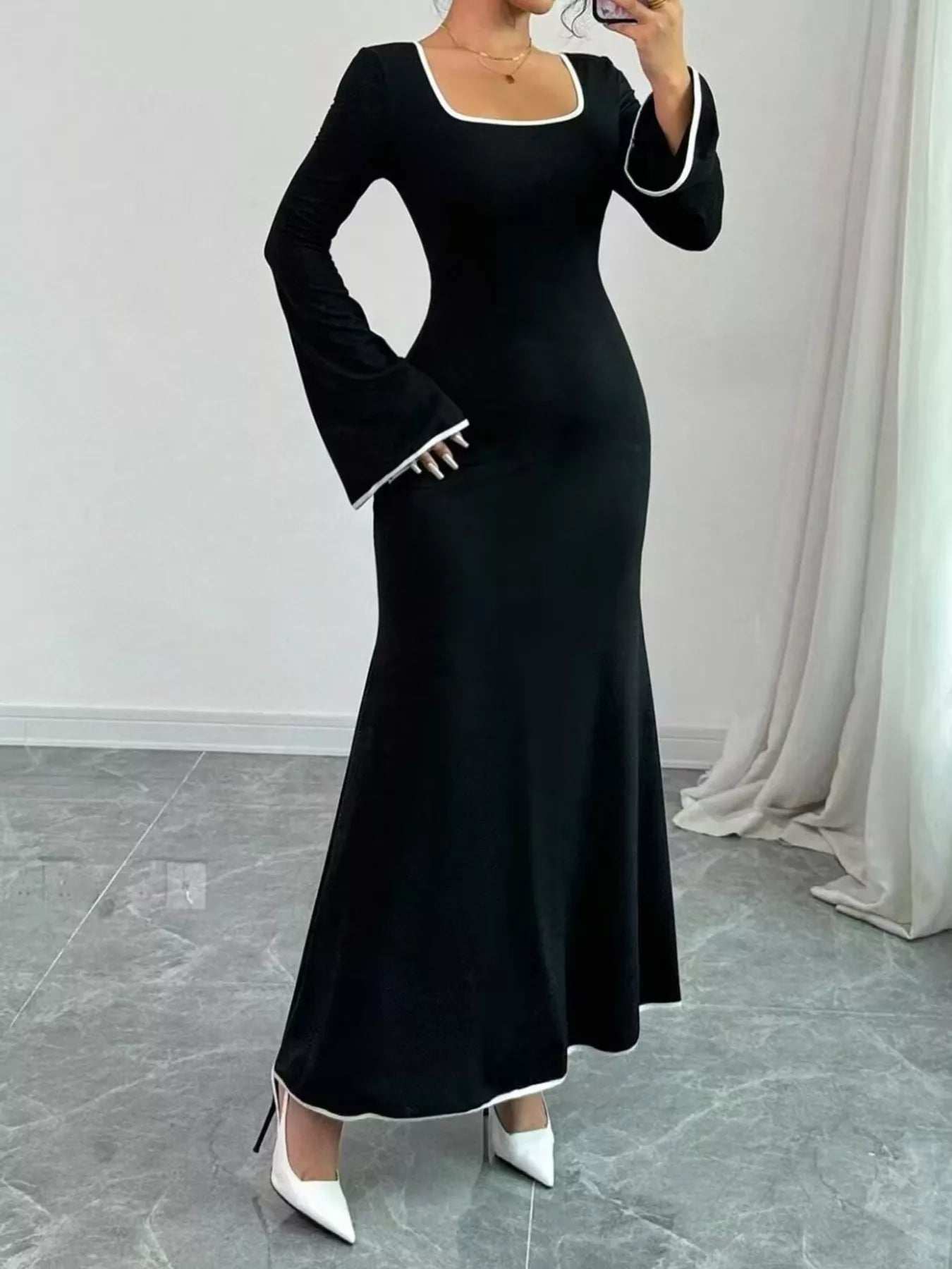 Square Neck Flare Sleeve Maxi Dress