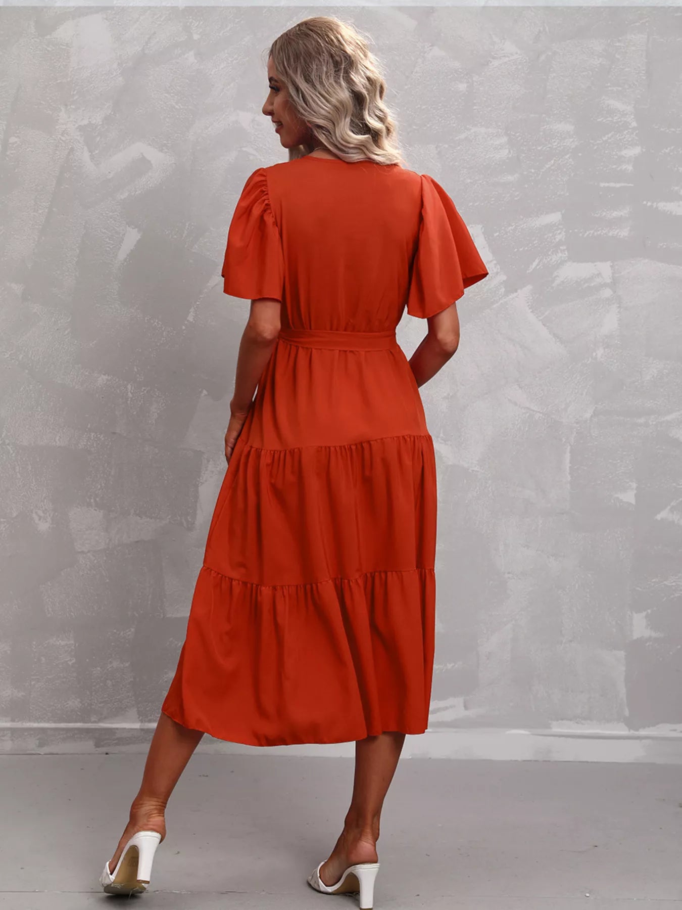 Flutter Sleeve Tiered Midi Dress