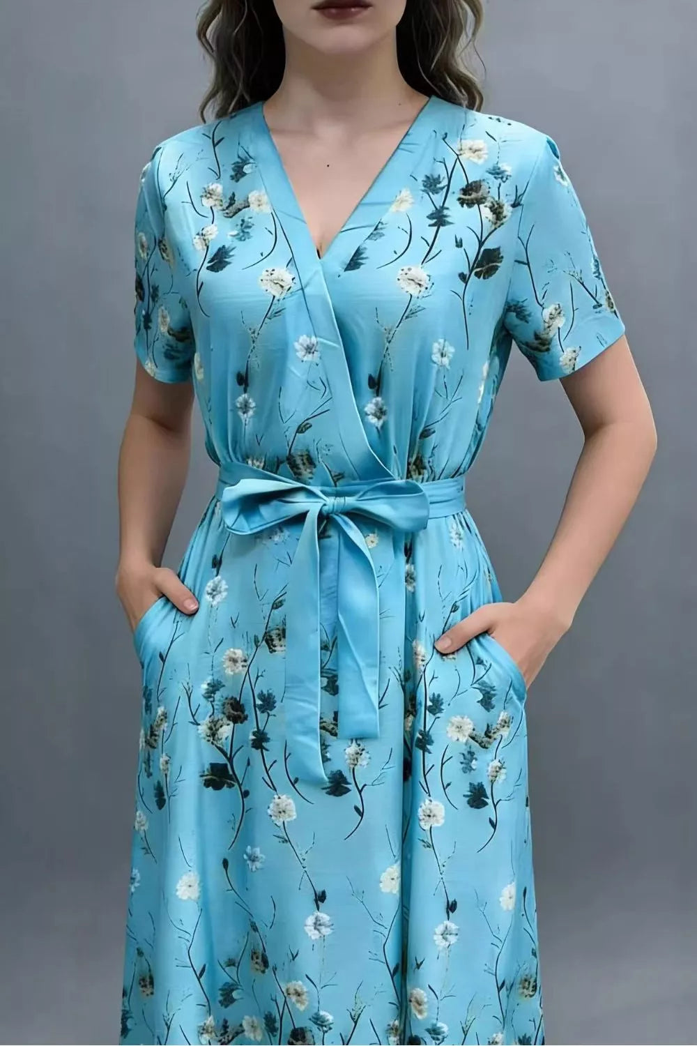 Floral Surplice Short Sleeve Dress