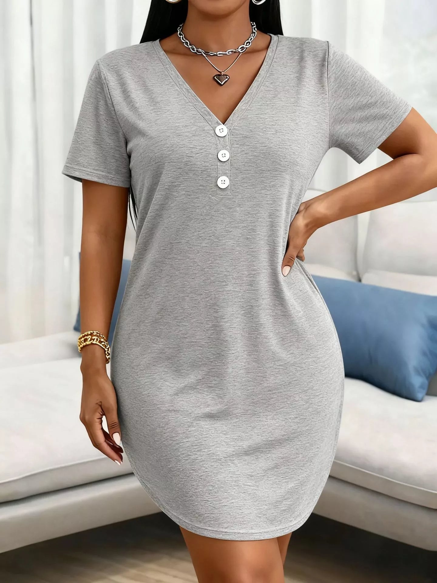 Plus Size V-Neck Button Detail Casual T-Shirt Dress
