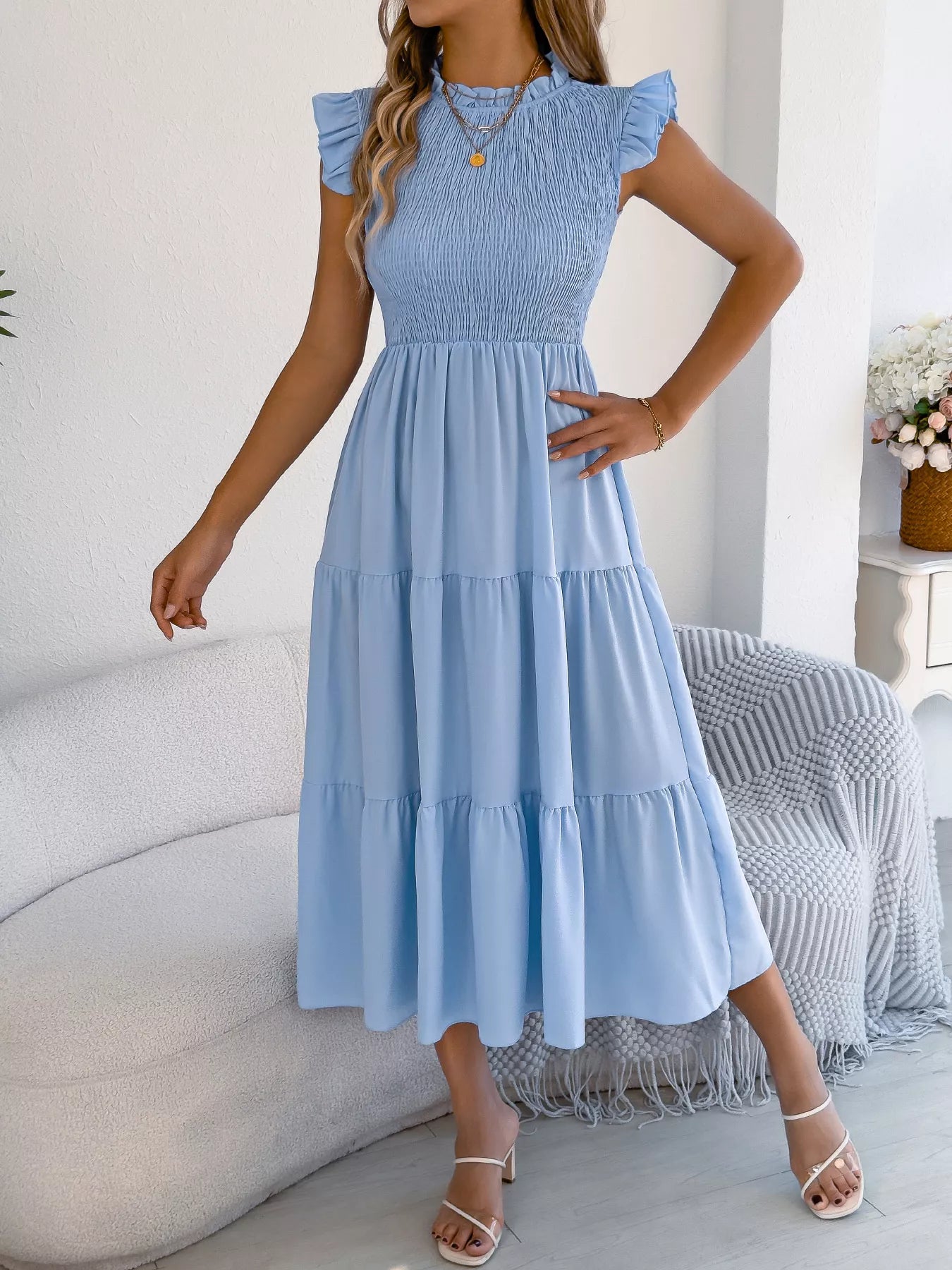 Smocked Ruffled Cap Sleeve Dress