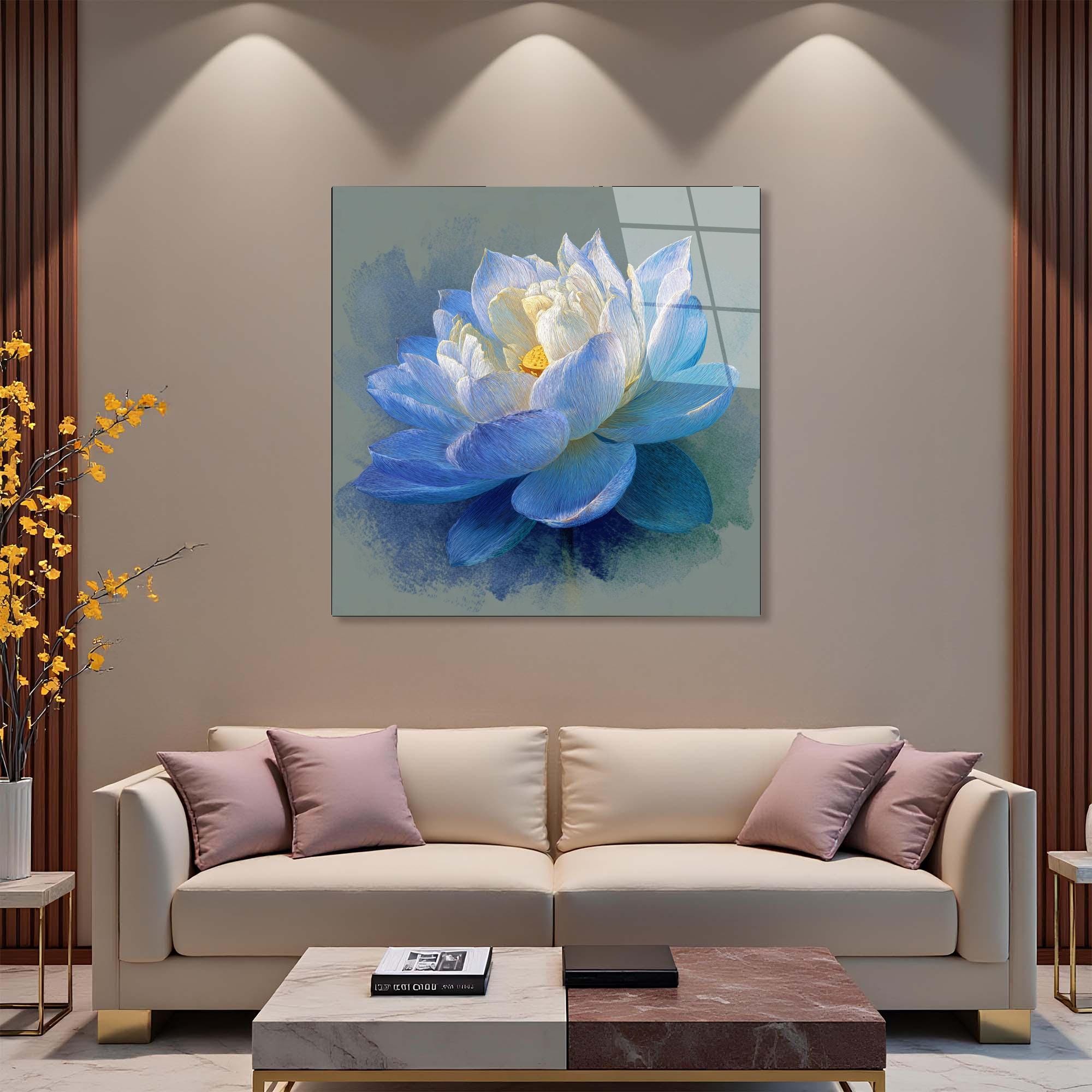 Blue Lotus Tempered Glass Wall Art | Zen Floral Home Decor