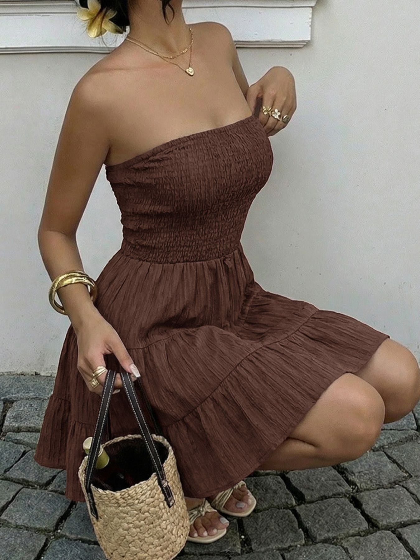 Smocked Strapless Tiered Ruffle Mini Dress