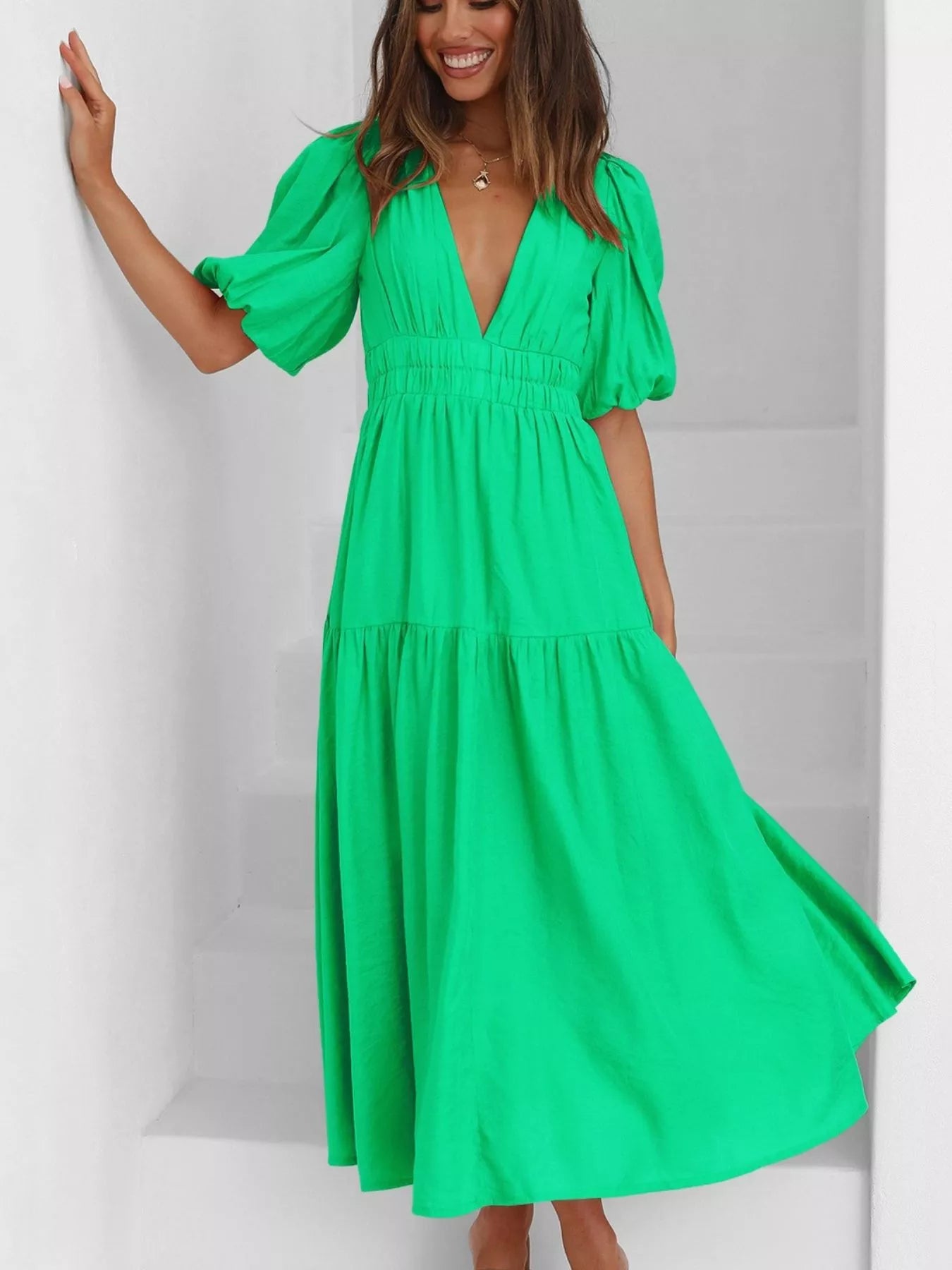 V-Neck Puff Sleeve Midi Dress