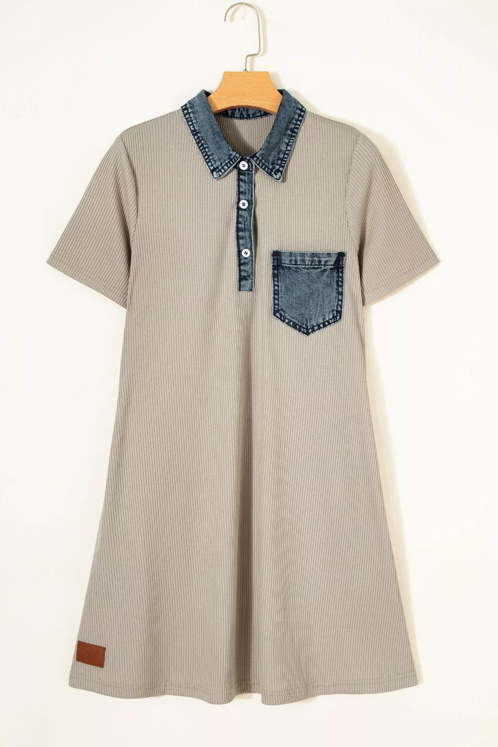 Casual Ribbed Knit Denim Trim Mini Dress