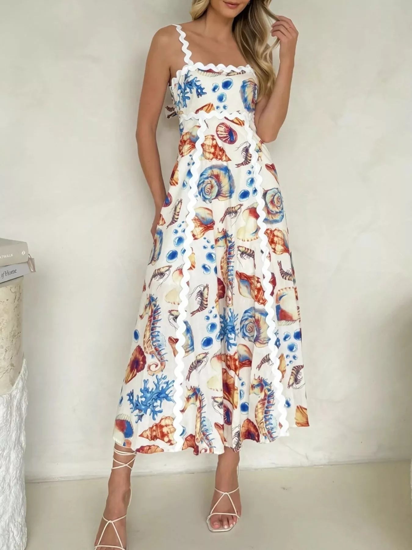 Seashell Print Scalloped Midi Dress