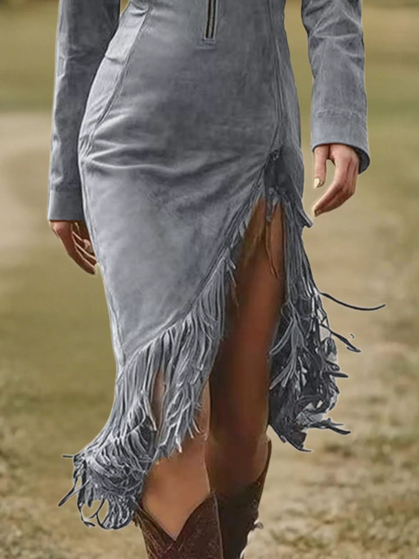 Full Size Fringe Hem Zip Front Bodycon Dress Plus Size