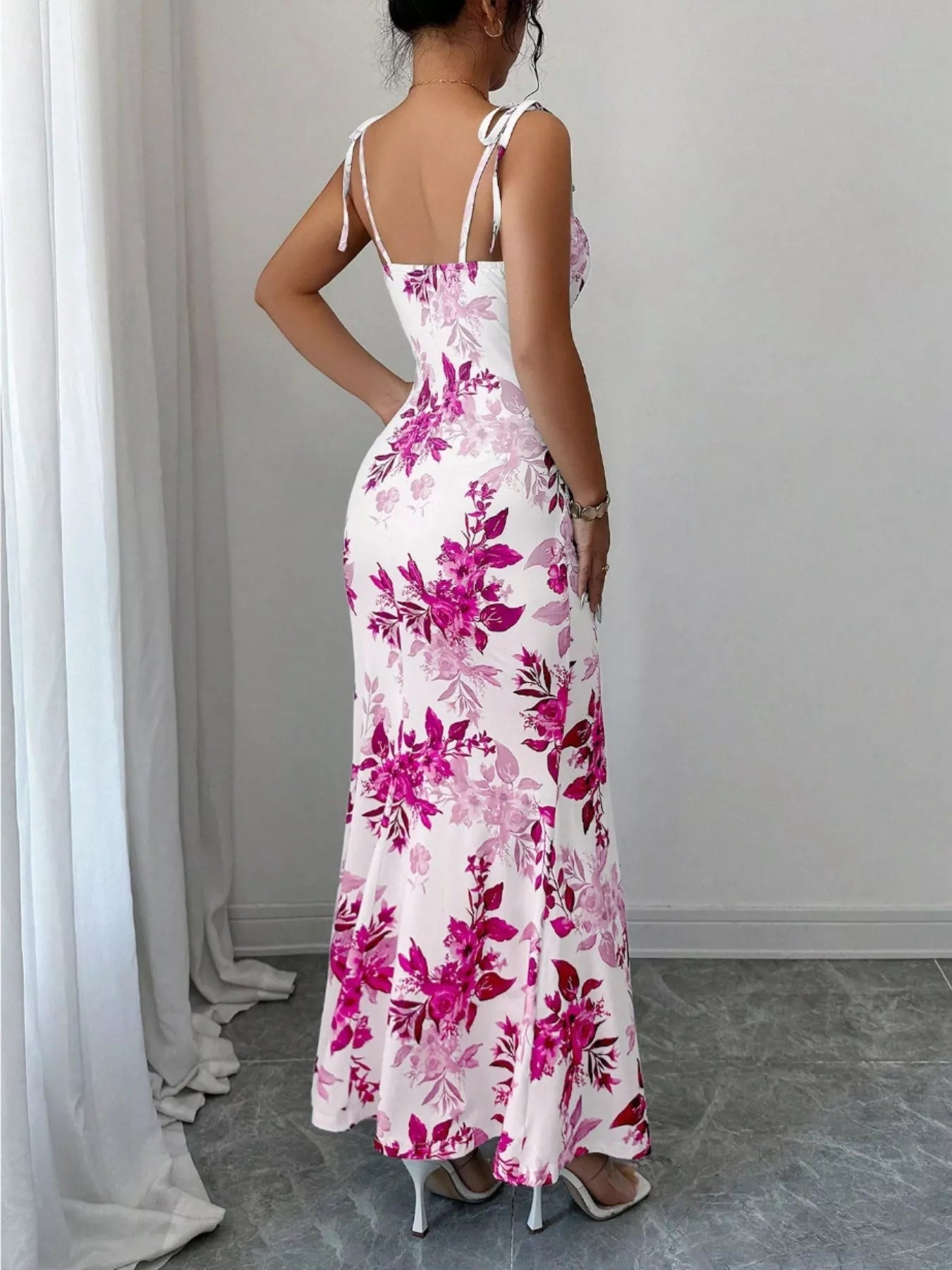 Printed Tie Strap Slit Maxi Dress
