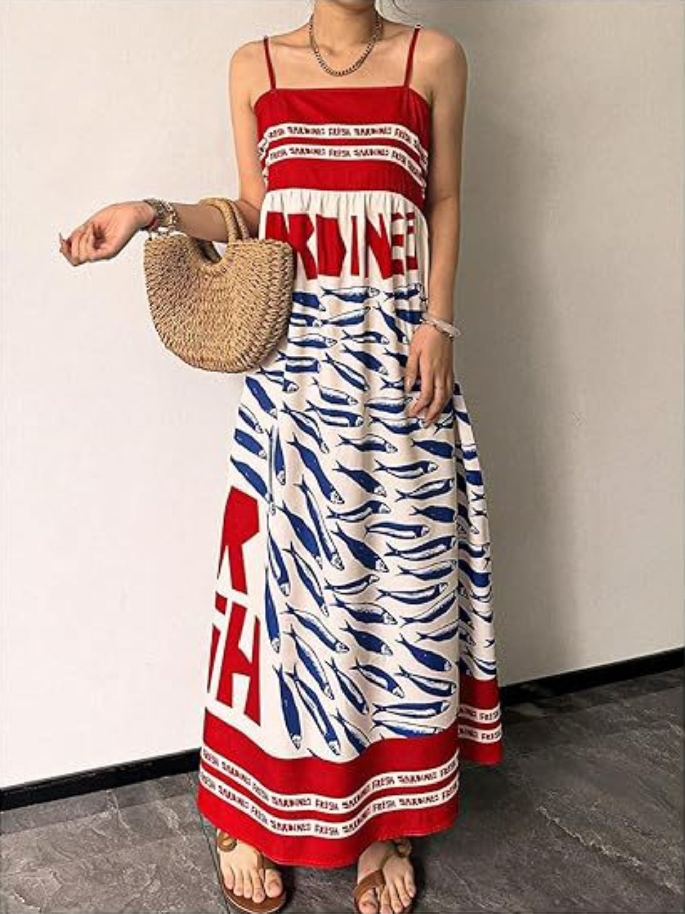 Sardine Print Spaghetti Strap Maxi Dress